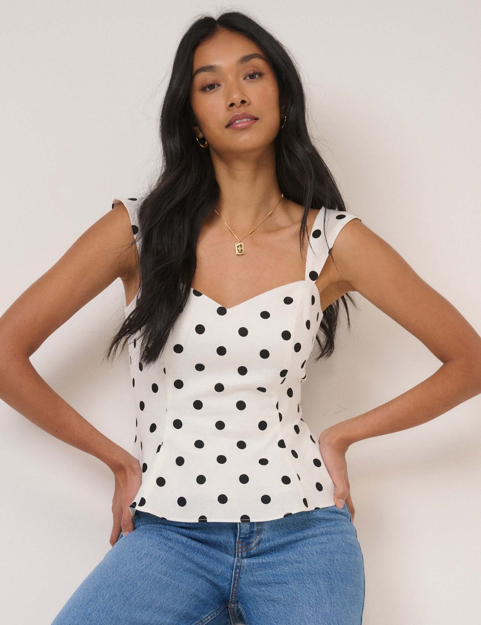 Linen Rich Polka Dot Shirred Top - image 1