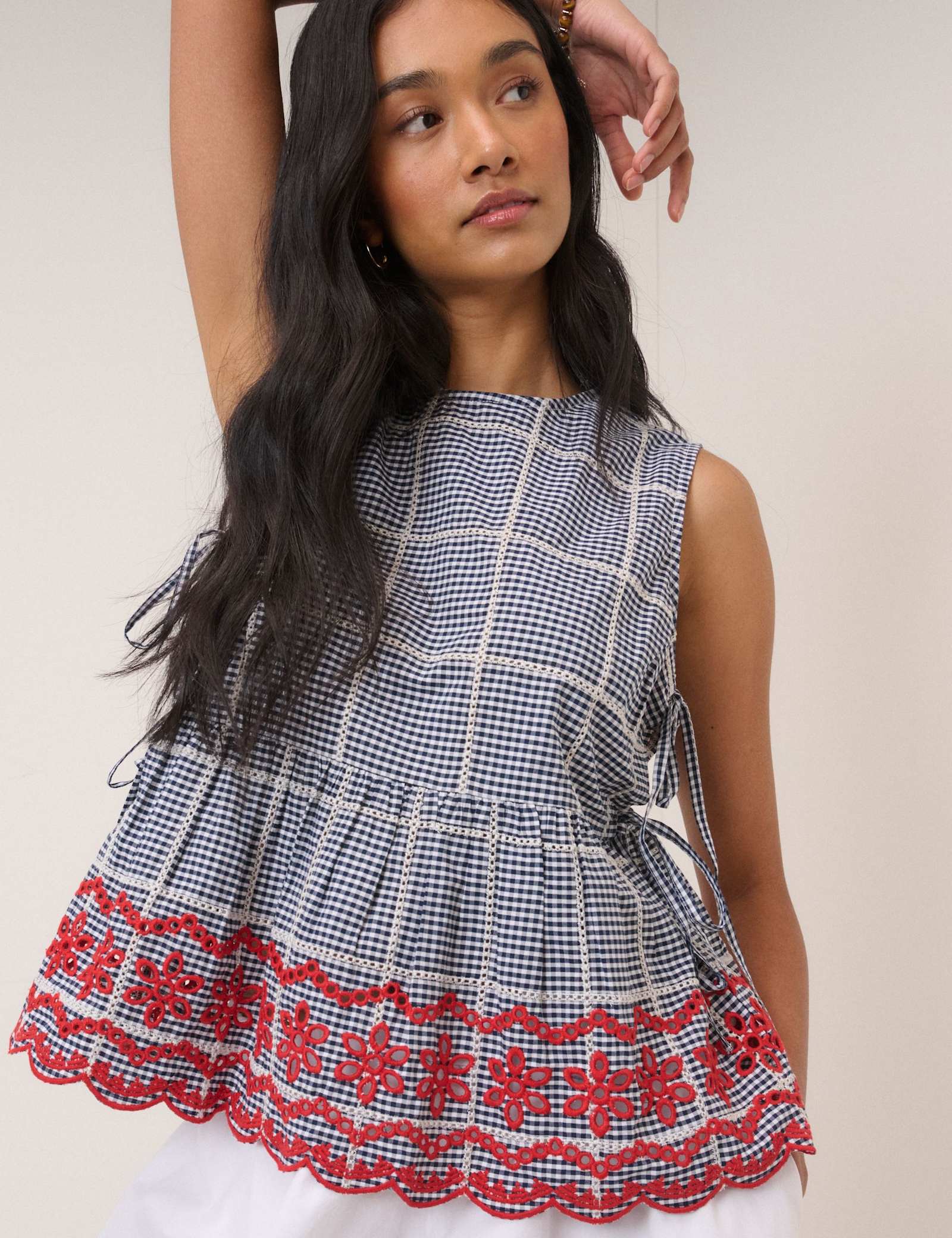 Pure Cotton Checked Embroidered Peplum Top - image 4