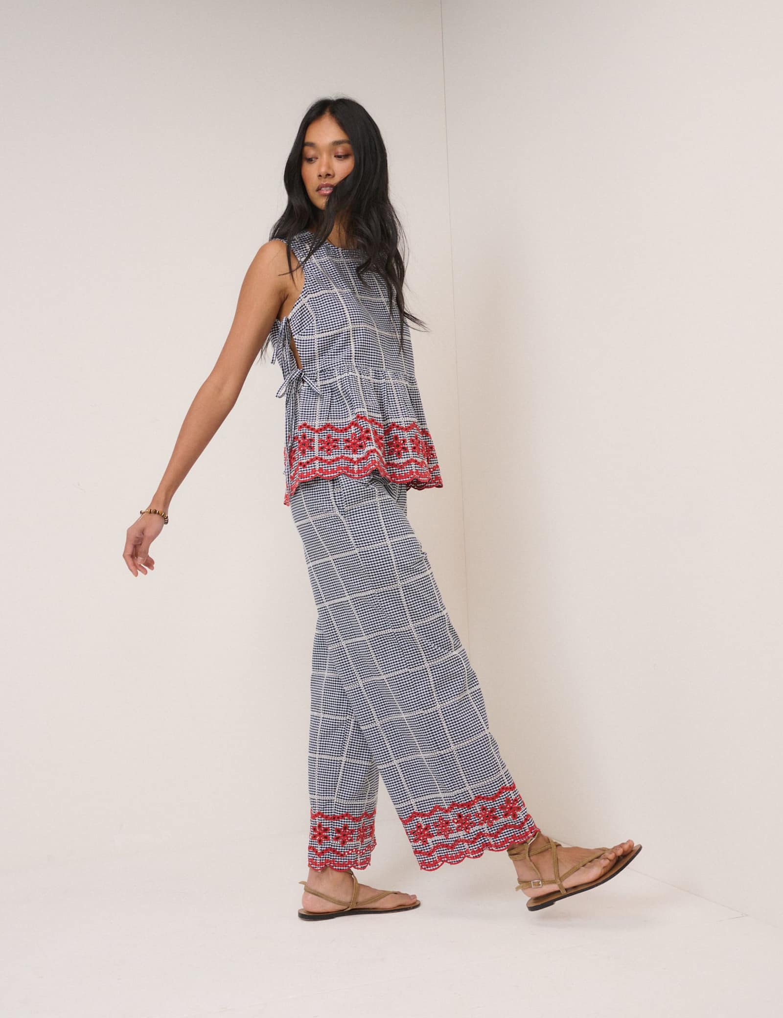Pure Cotton Checked Embroidered Peplum Top - image 5