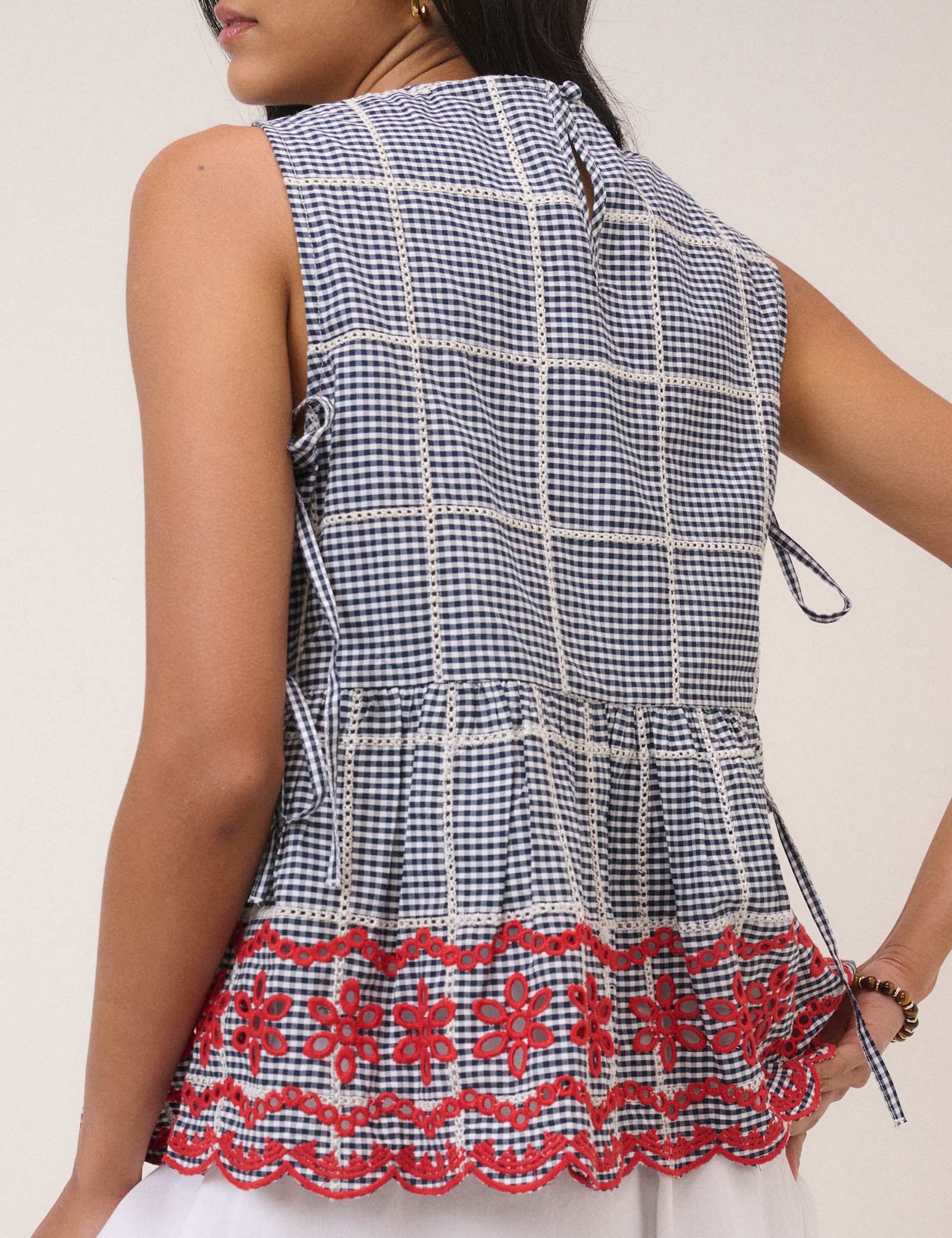 Pure Cotton Checked Embroidered Peplum Top - image 3