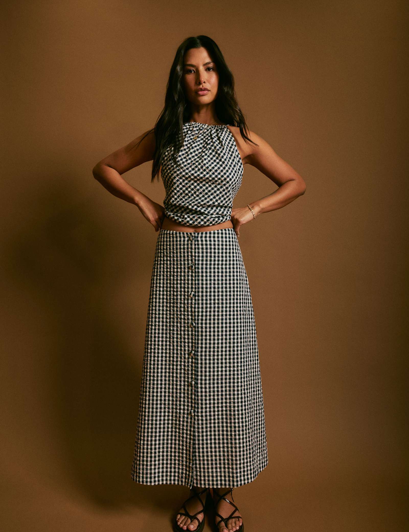 Gingham Button Front Midi A-Line Skirt - image 1