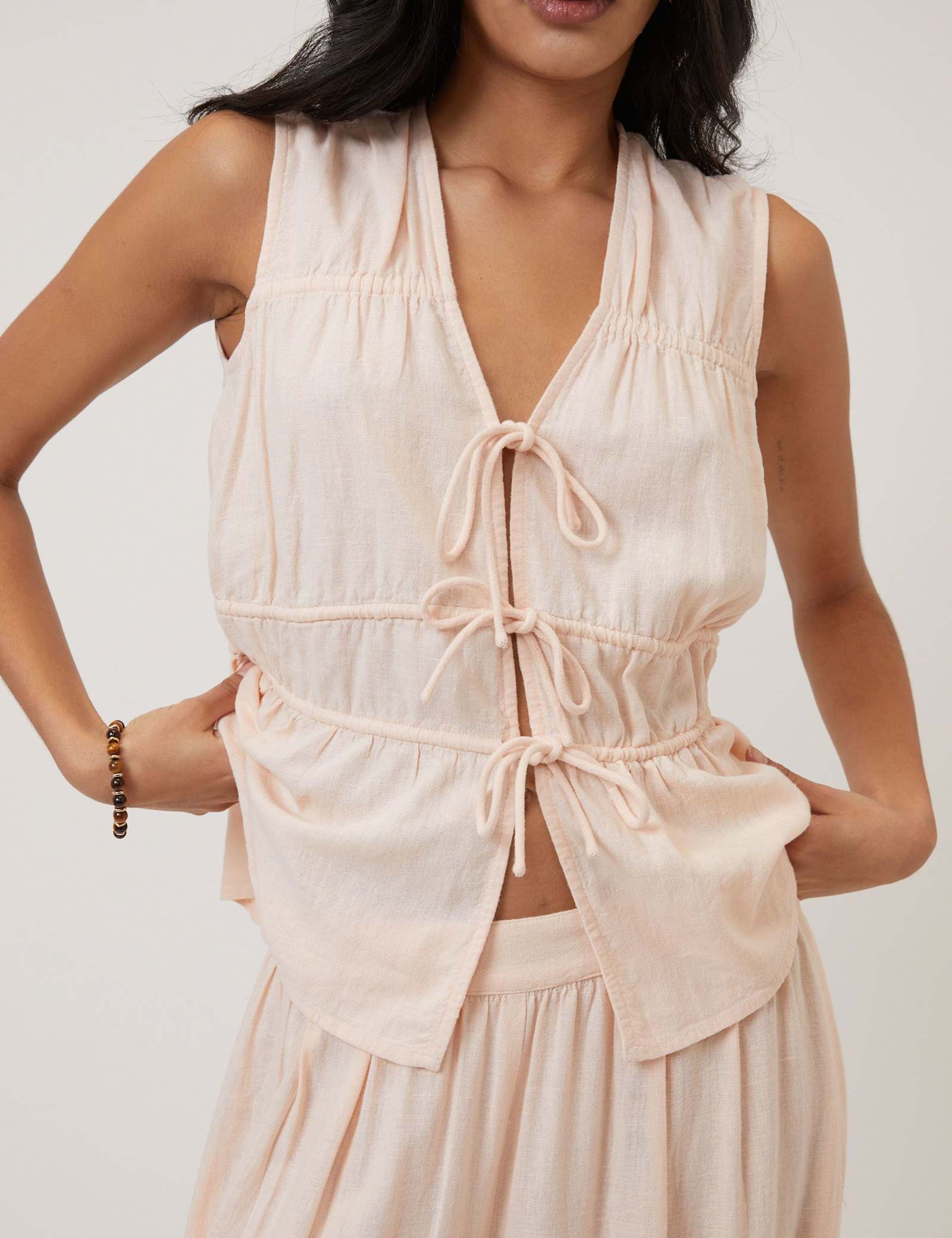 Linen Rich Ruched Tie Front Peplum Top - image 2