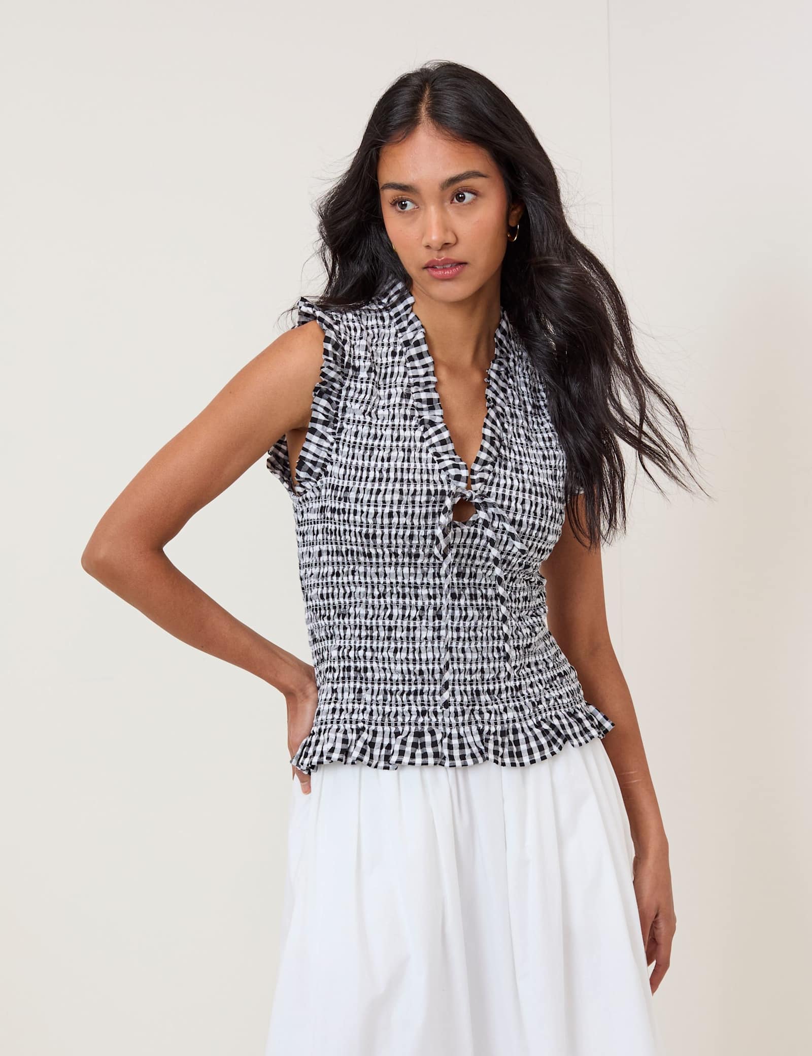 Pure Cotton Checked V-Neck Shirred Top - image 2