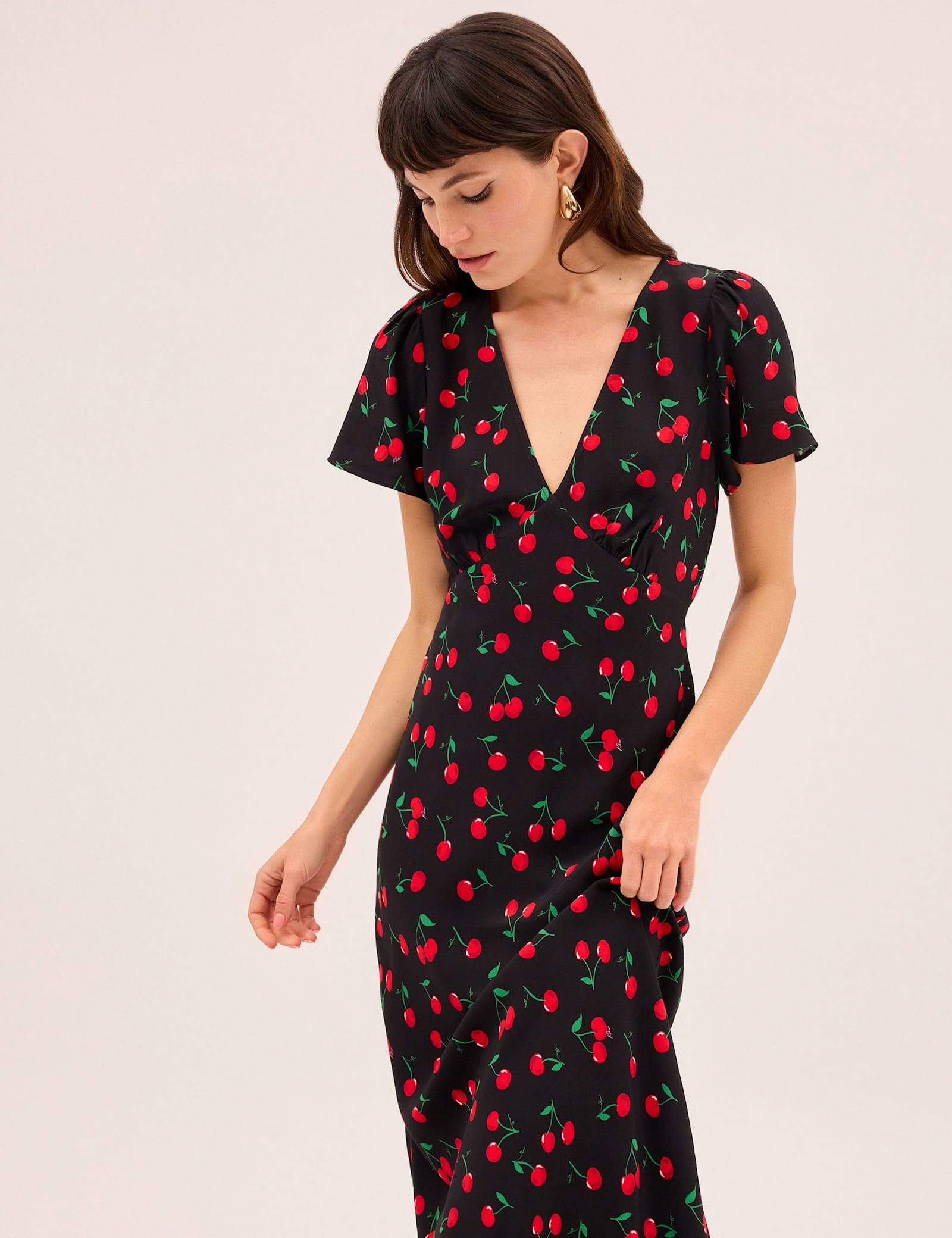 Cherry Print V-Neck Midaxi Waisted Dress - image 2