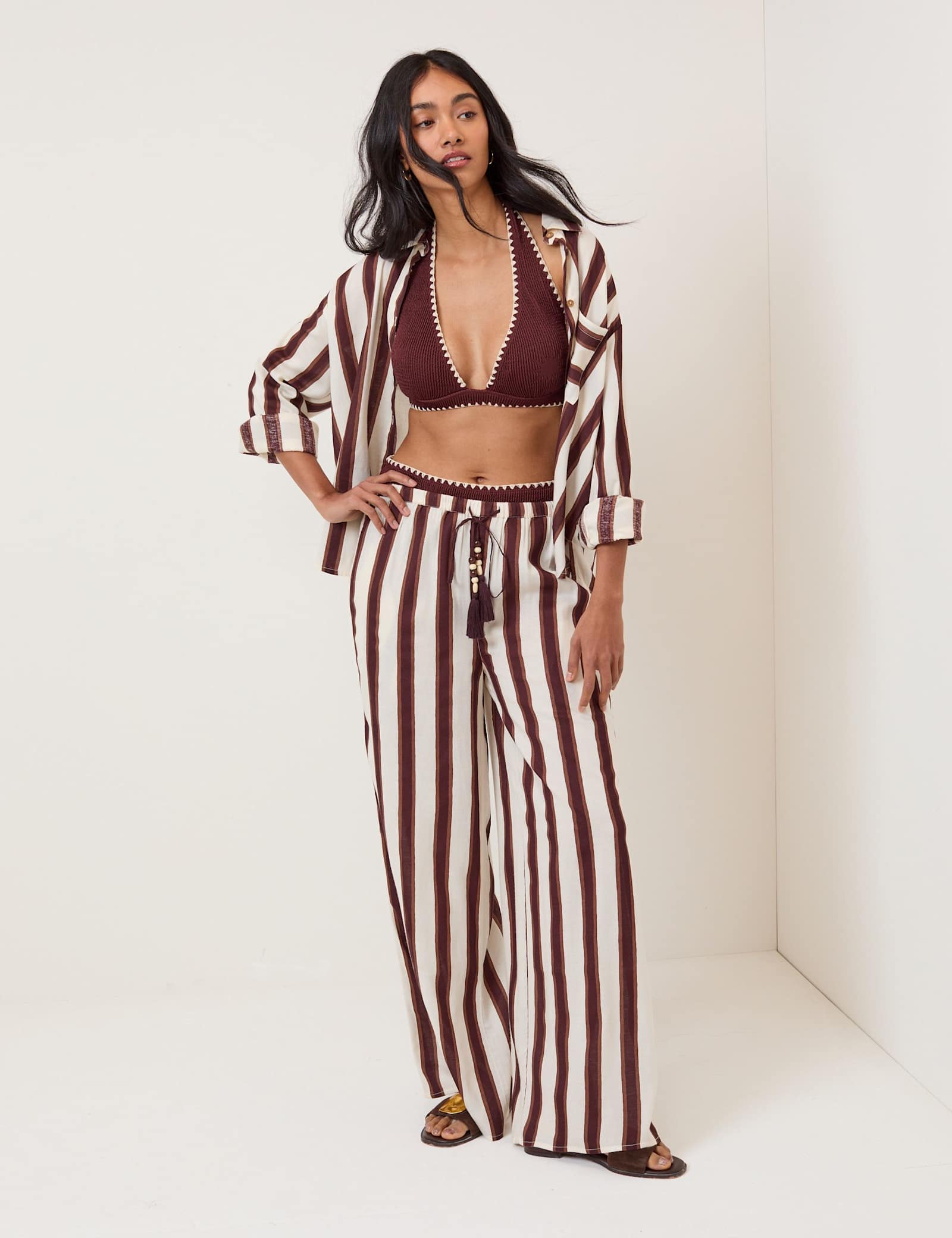 Striped Wide Leg Beach Trousers with Linen - image 5