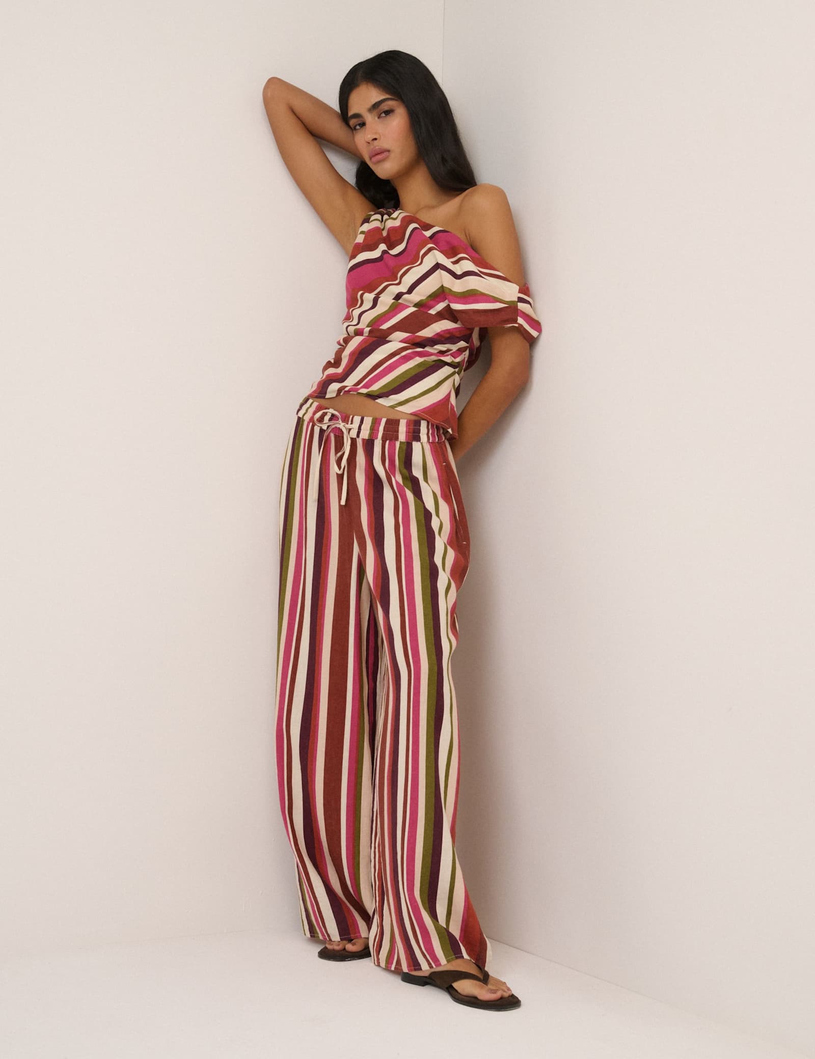 Linen Rich Striped Split Hem Wide Leg Trousers - image 2