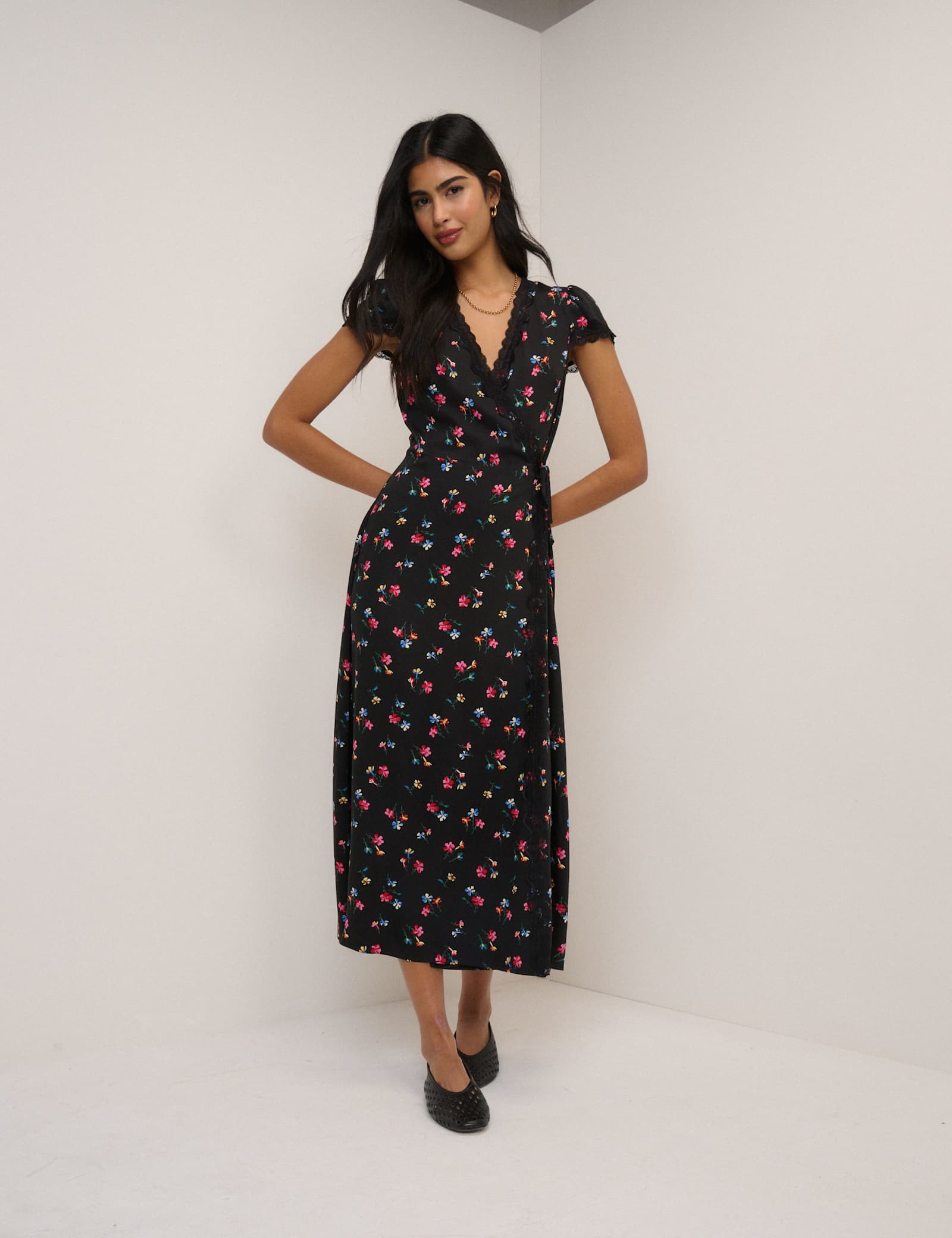 Floral V-Neck Lace Trim Midi Wrap Dress - image 1