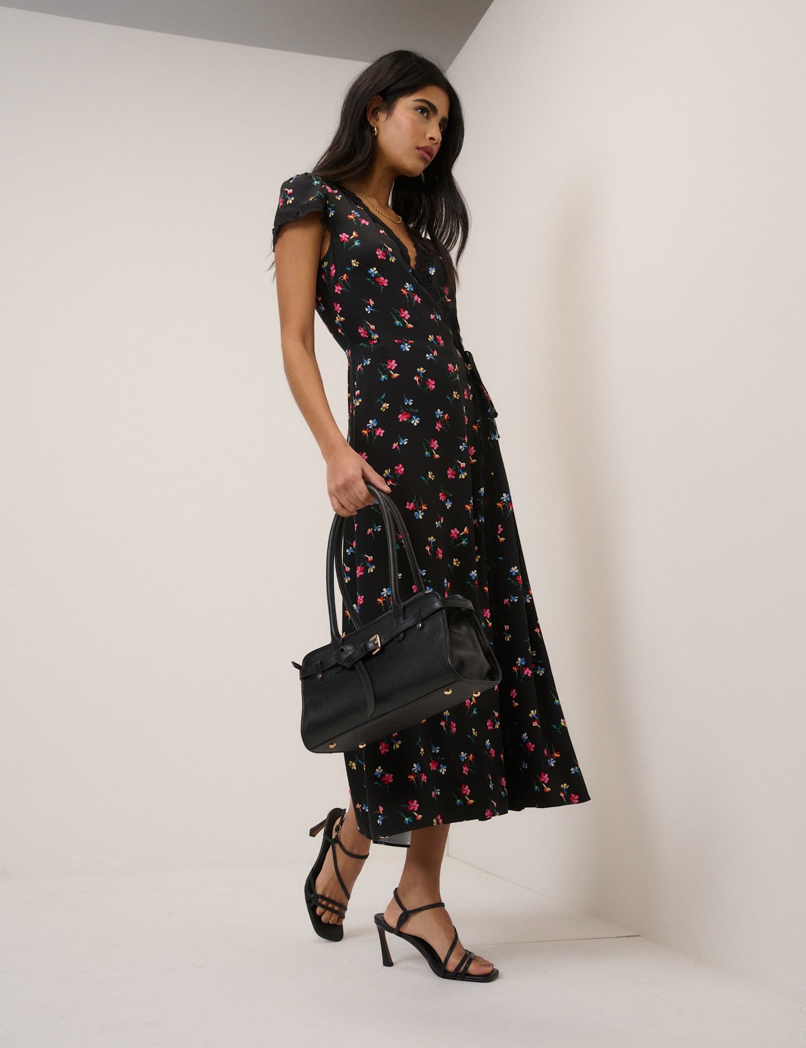Floral V-Neck Lace Trim Midi Wrap Dress - image 5