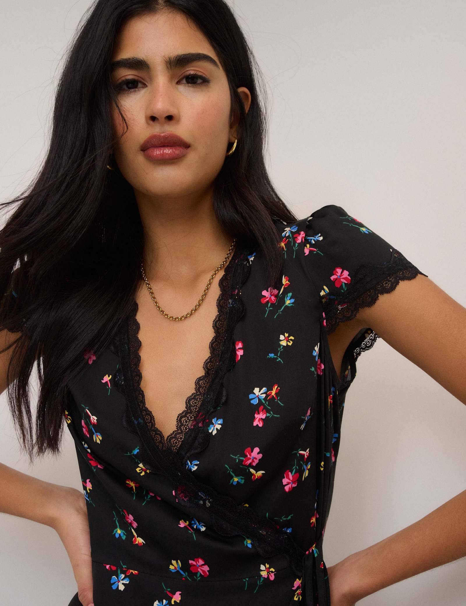 Floral V-Neck Lace Trim Midi Wrap Dress - image 3