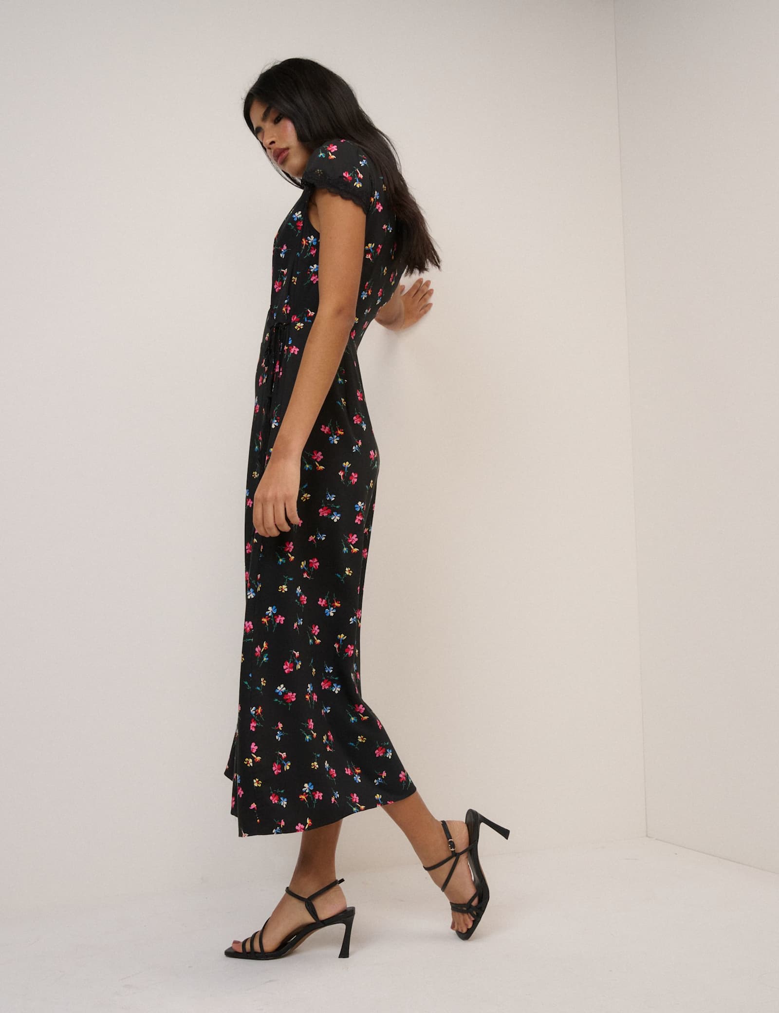 Floral V-Neck Lace Trim Midi Wrap Dress - image 2