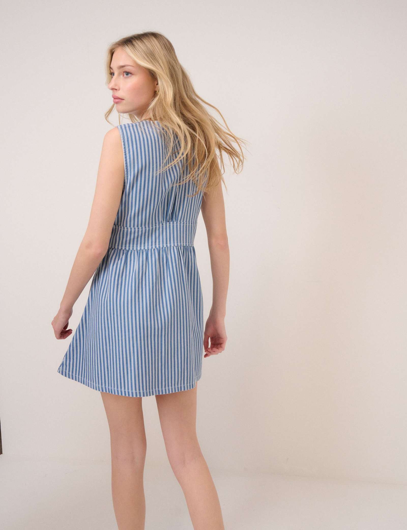 Denim Striped V-Neck Mini Skater Dress - image 5