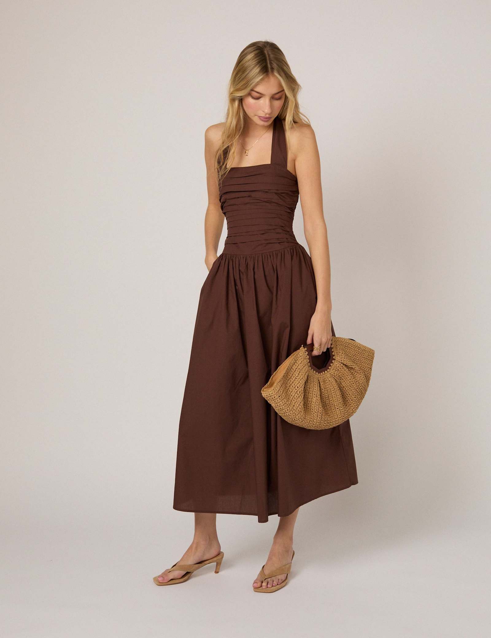 Pure Cotton Halter Neck Midi Waisted Dress - image 1