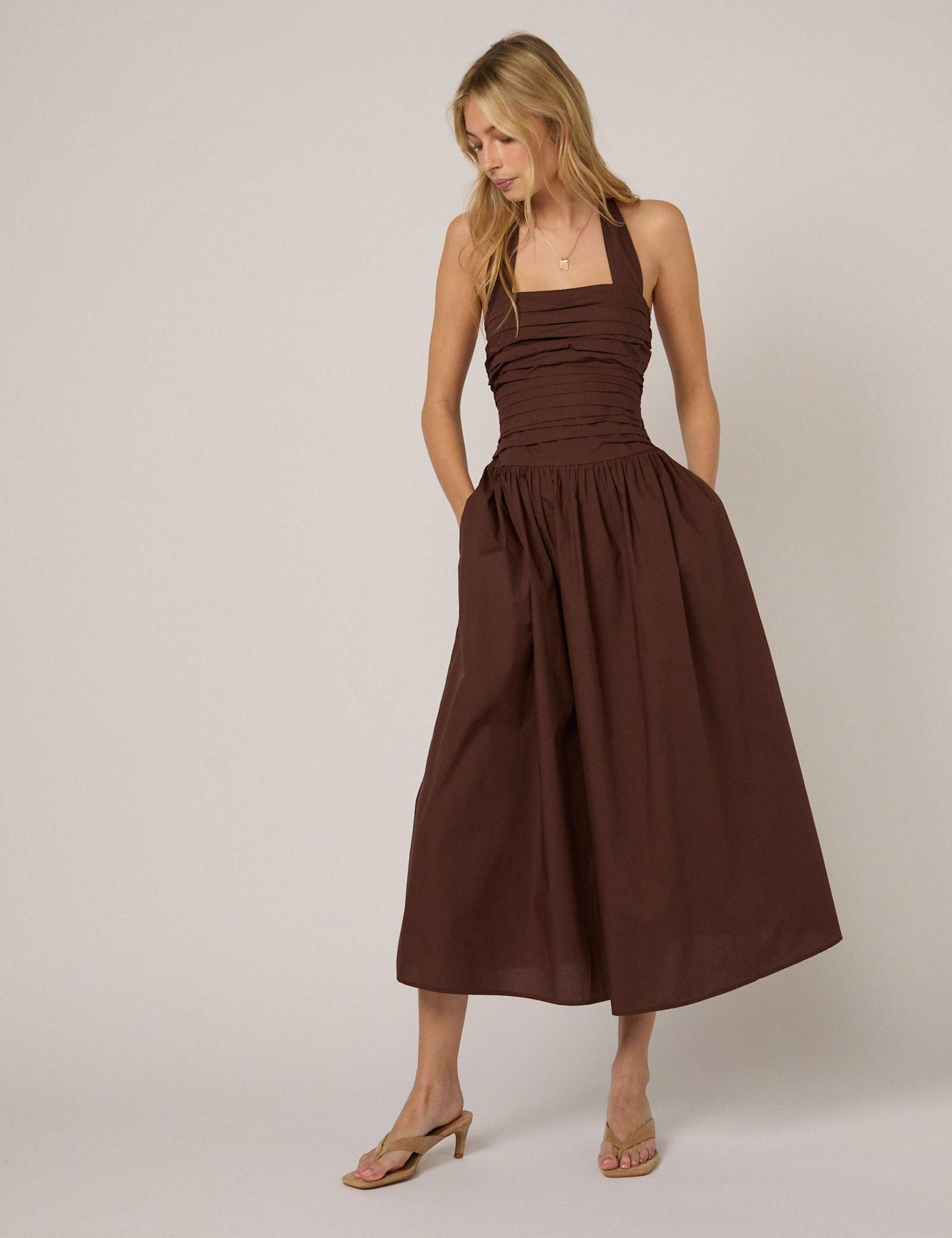 Pure Cotton Halter Neck Midi Waisted Dress - image 4