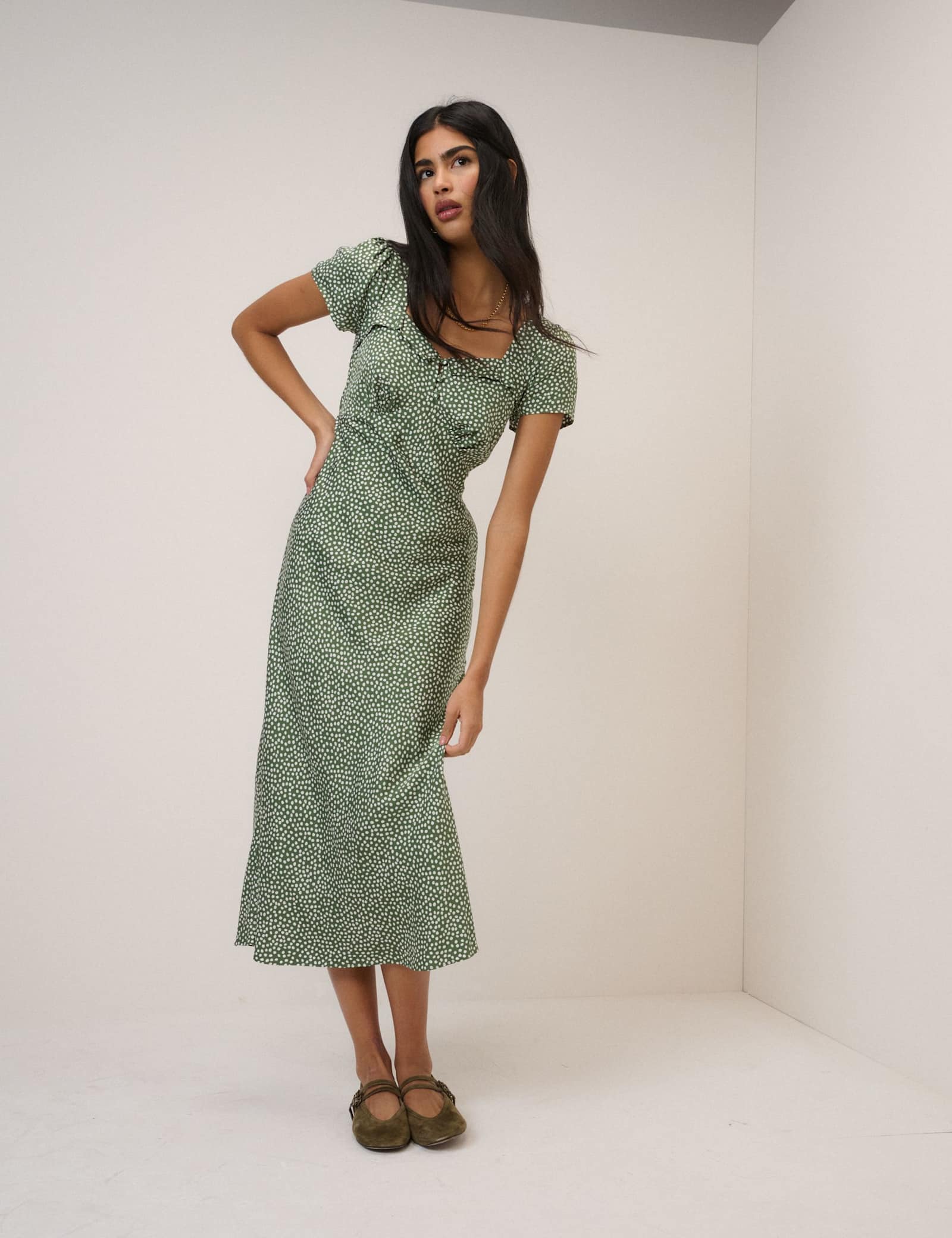 Polka Dot Sweetheart Neckline Midi Dress - image 1