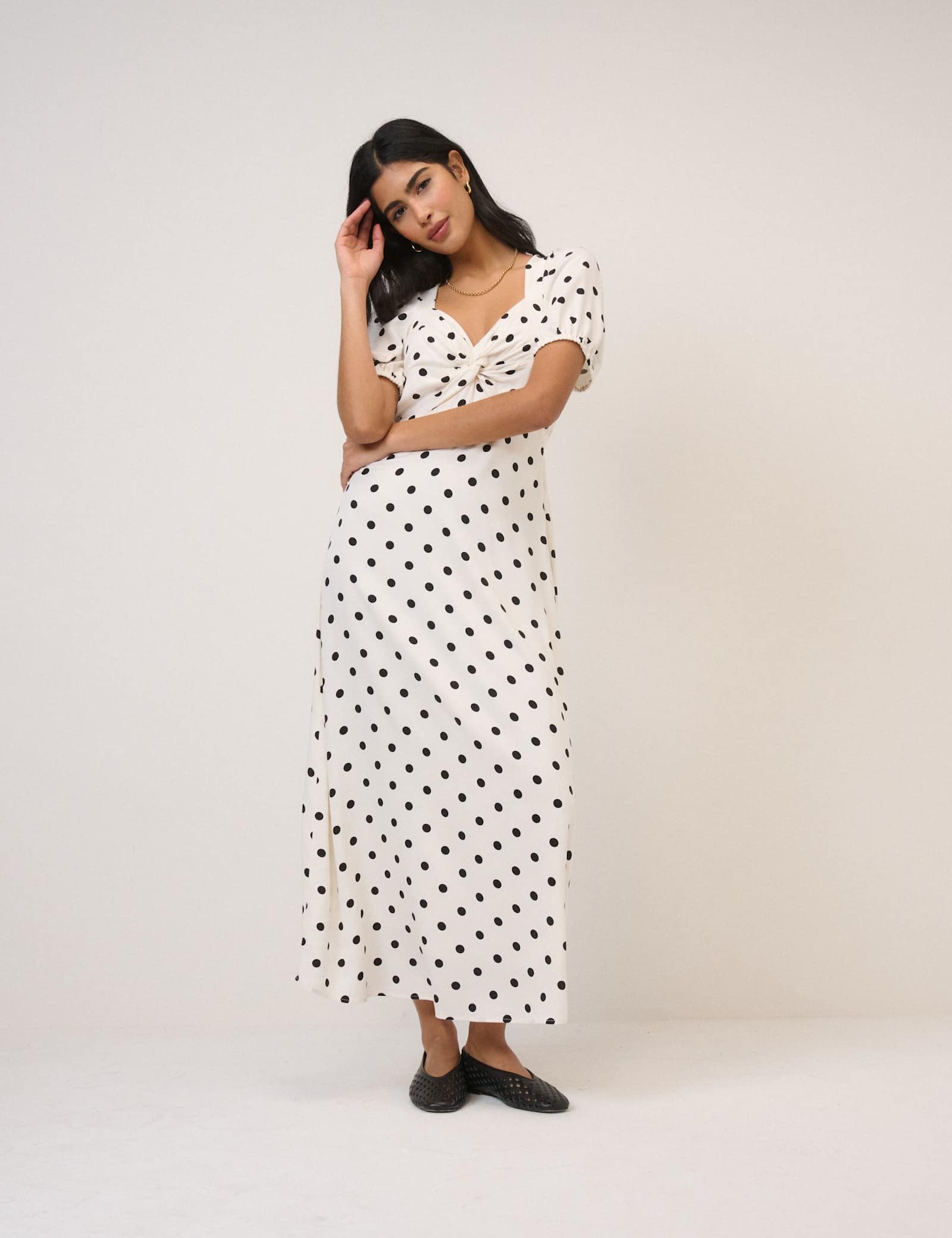 Polka Dot Sweetheart Neckline Midi Dress - image 1
