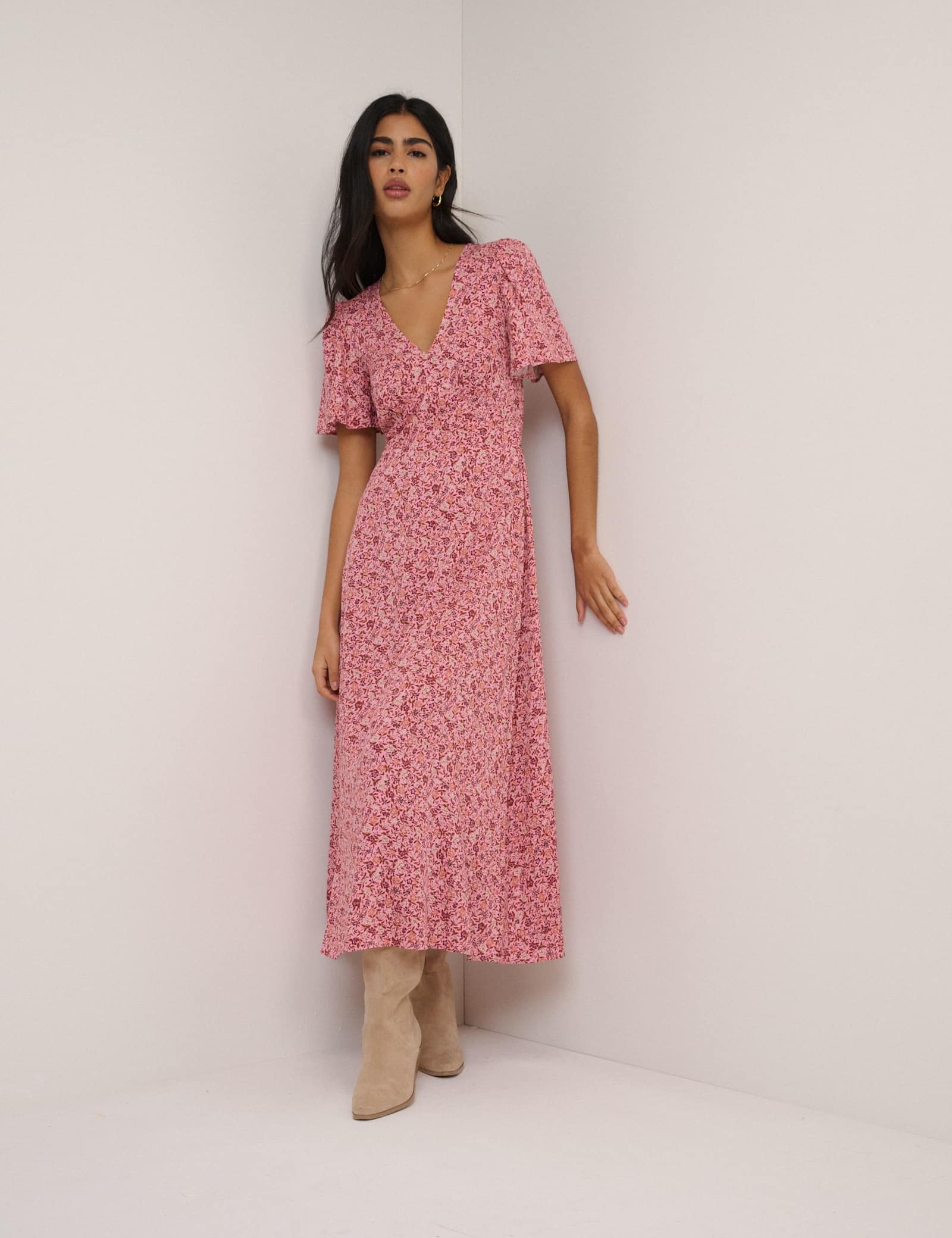 Floral V-Neck Midi Waisted Tea Dress - image 2