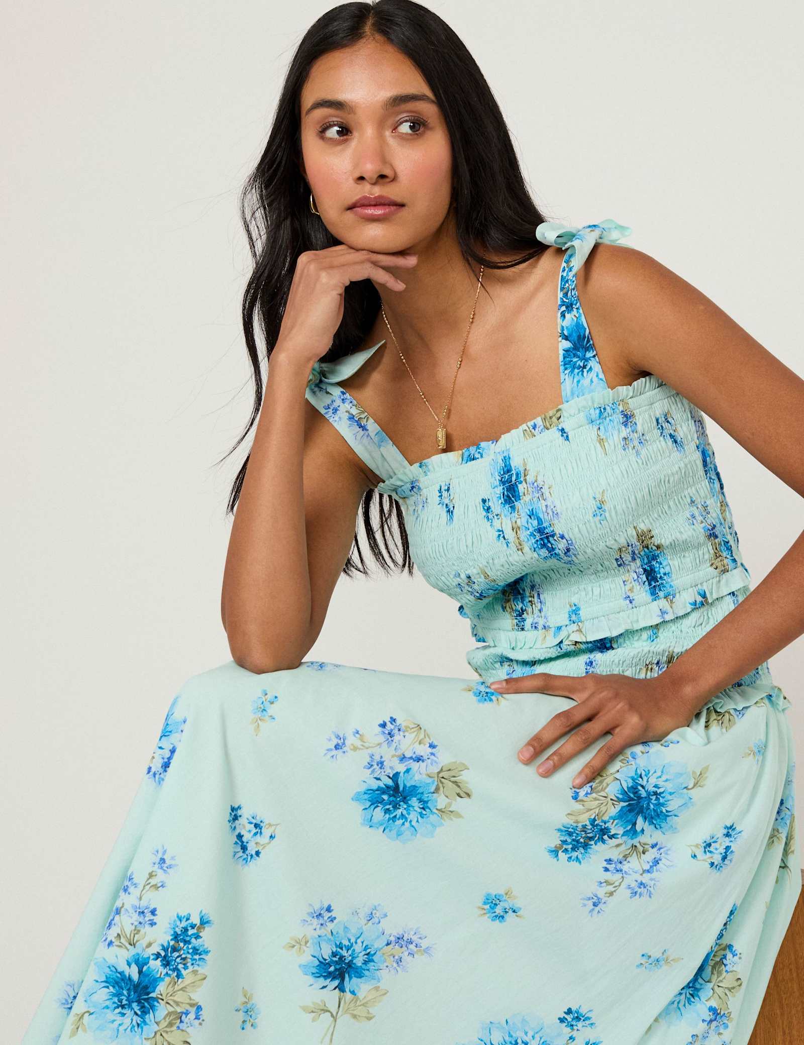 Pure Cotton Floral Midi Shirred Dress - image 4