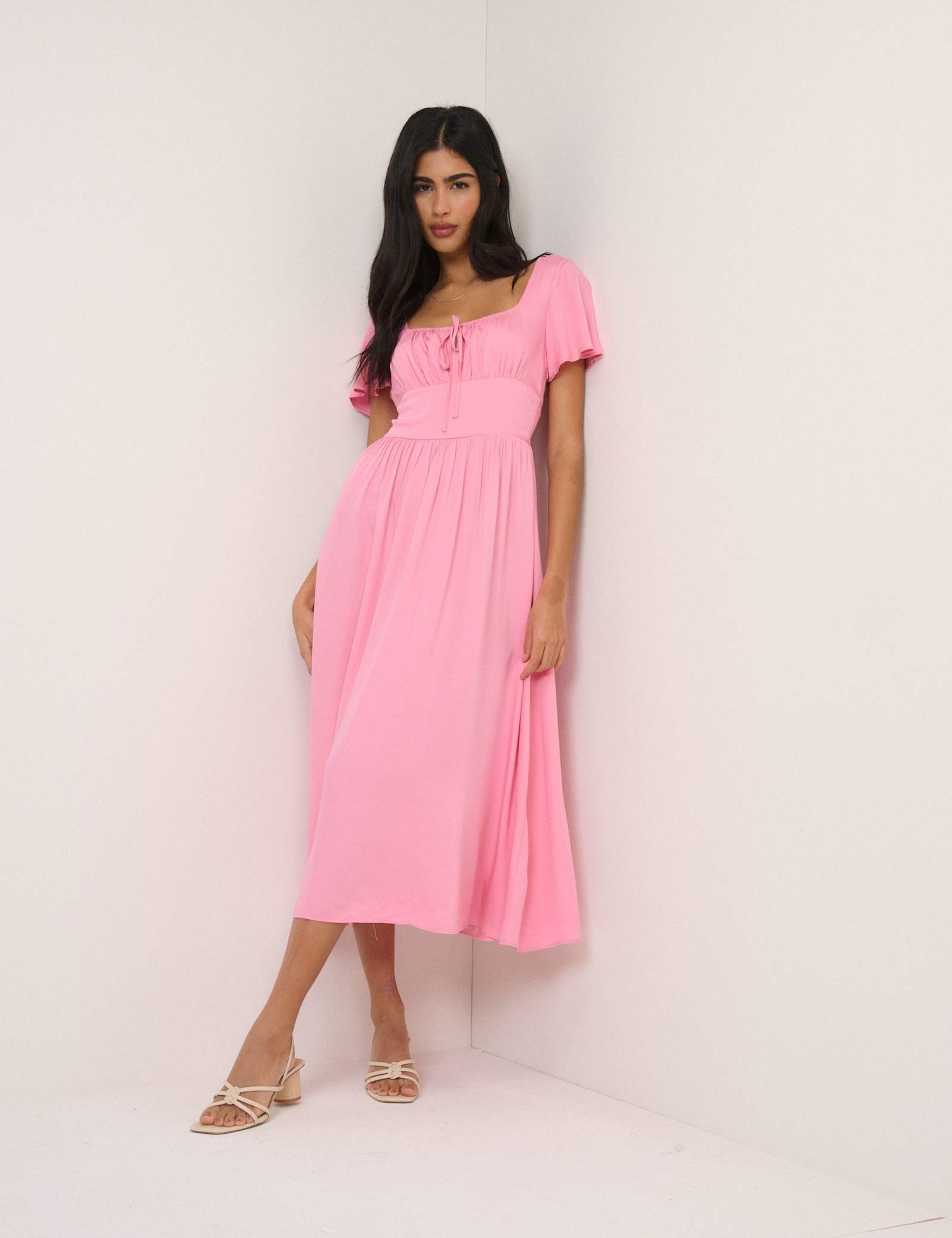 Square Neck Tie Front Midi Skater Dress - image 1