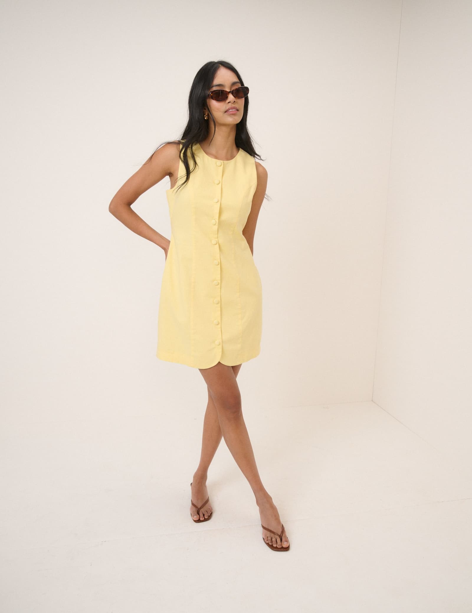 Linen Rich Button Front Mini Tailored Dress - image 1