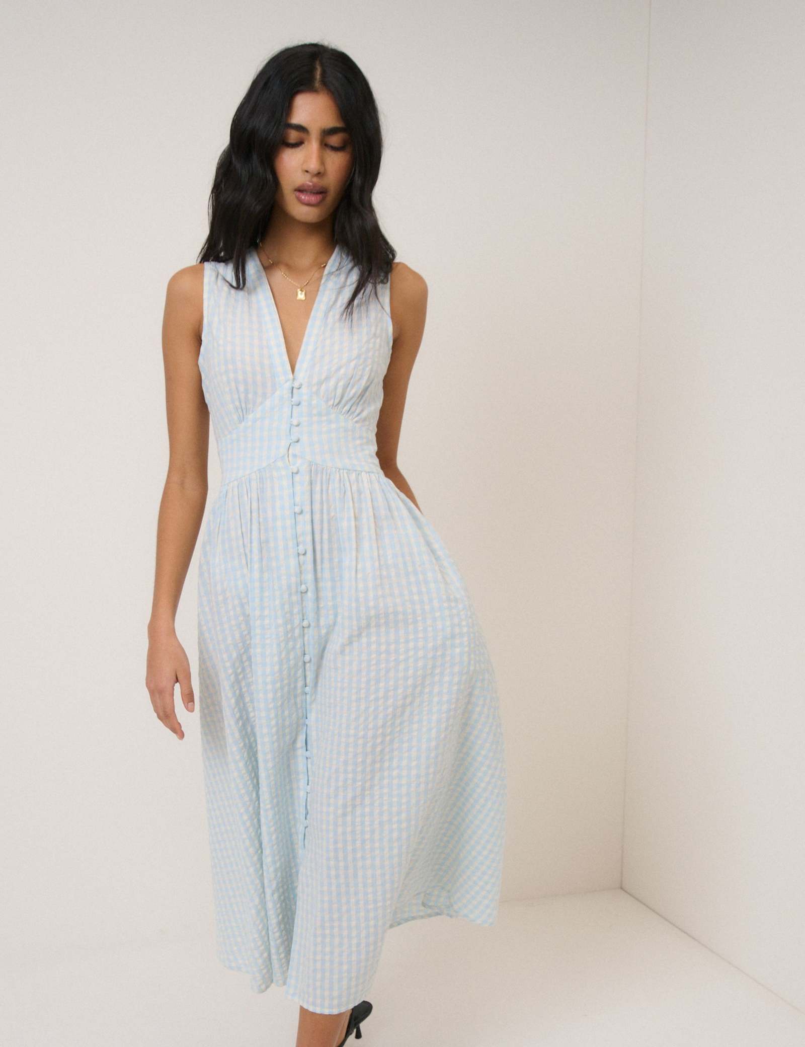 Pure Cotton Checked V-Neck Midi Waisted Dress - image 1
