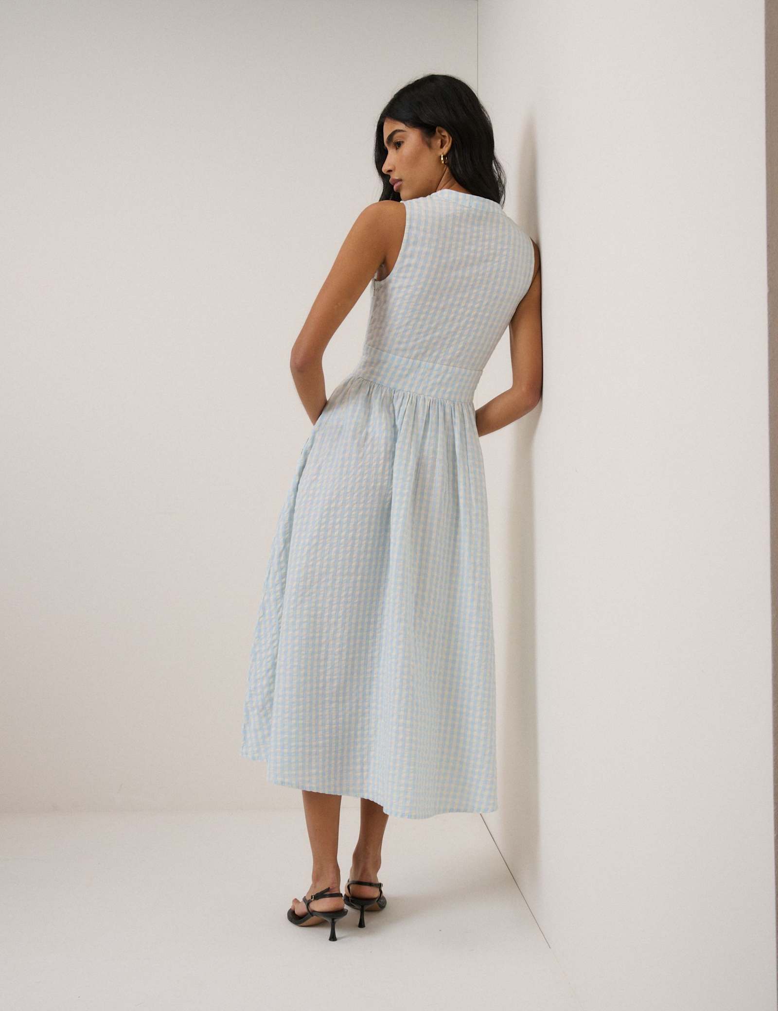Pure Cotton Checked V-Neck Midi Waisted Dress - image 2