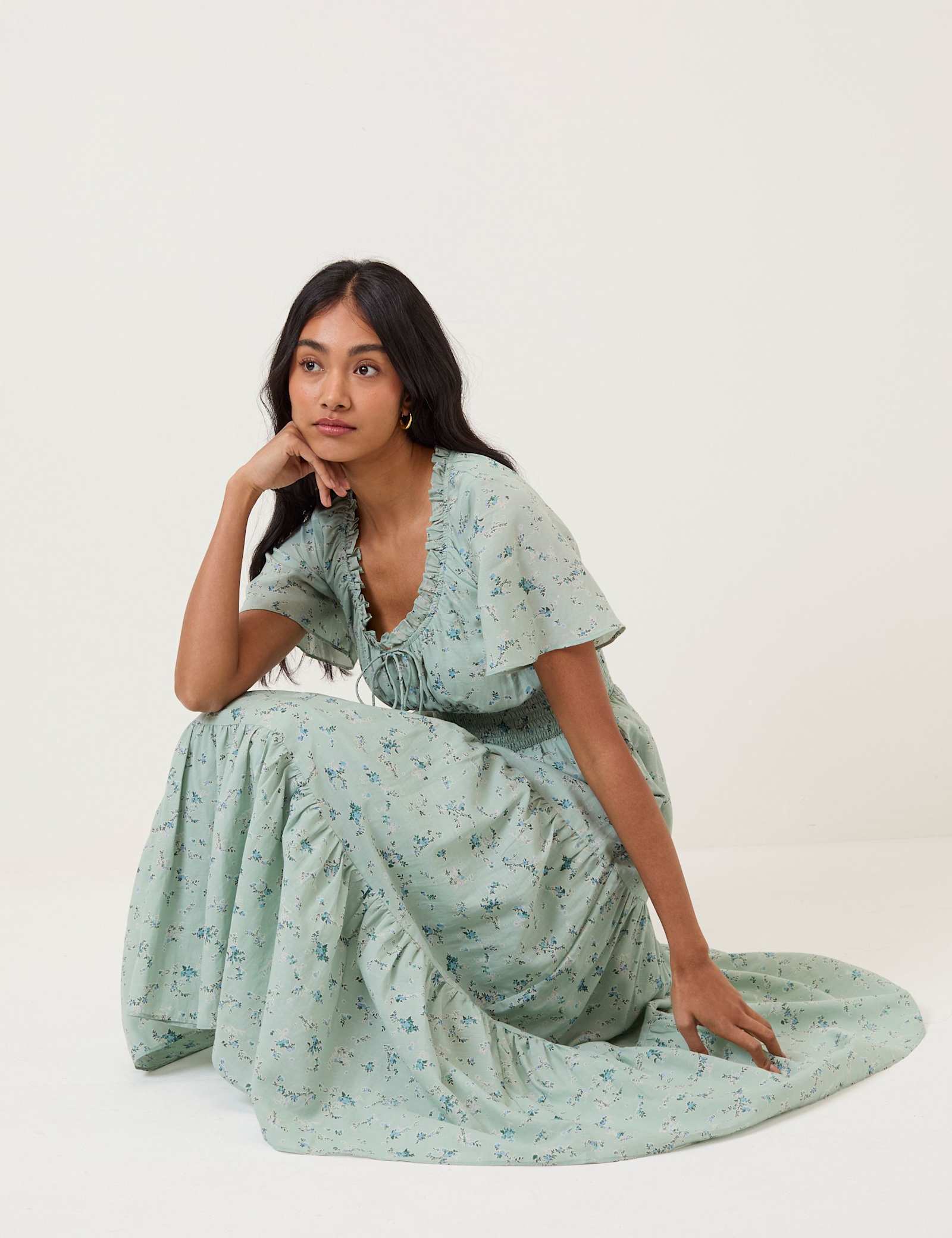 Cotton Rich Floral Scoop Neck Midi Smock Dress - image 5