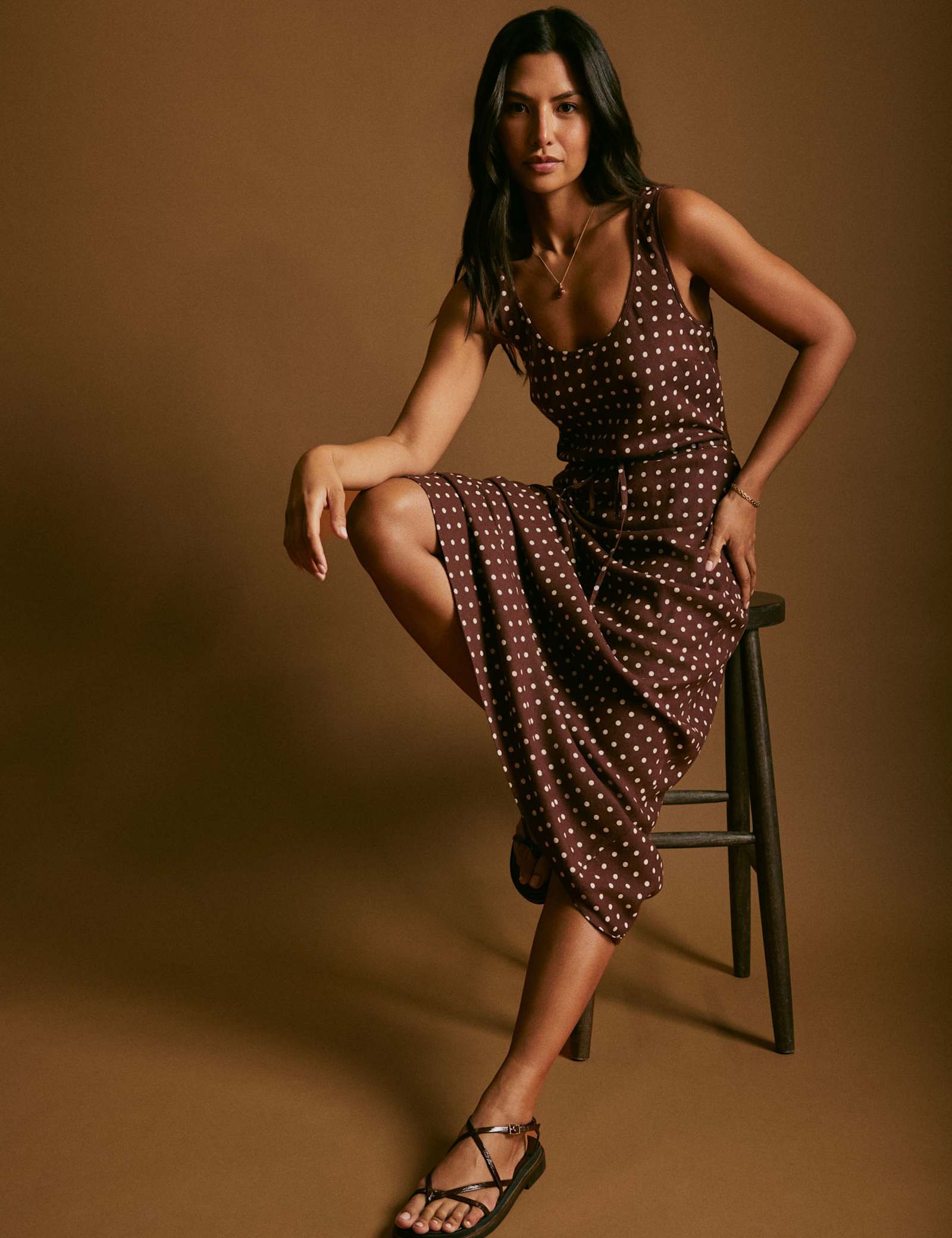 Linen Rich Polka Dot Scoop Neck Slip Dress - image 5