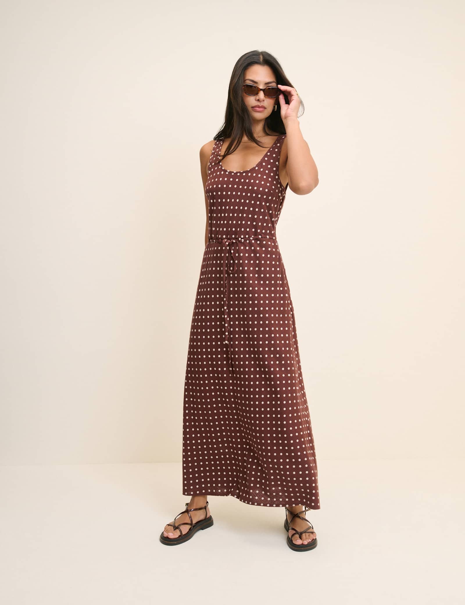 Linen Rich Polka Dot Scoop Neck Slip Dress - image 3