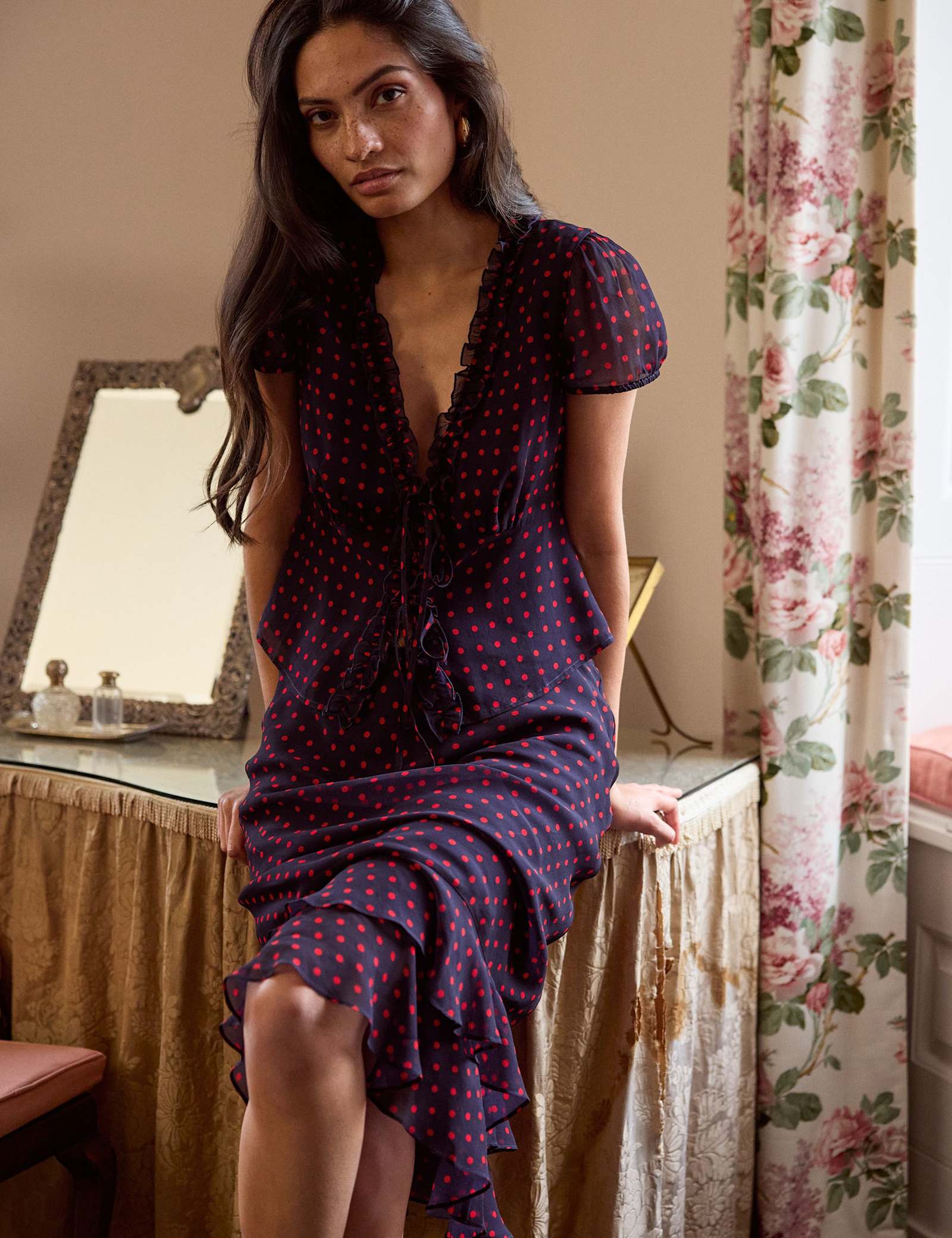 Polka Dot V-Neck Tie Detail Blouse - image 4
