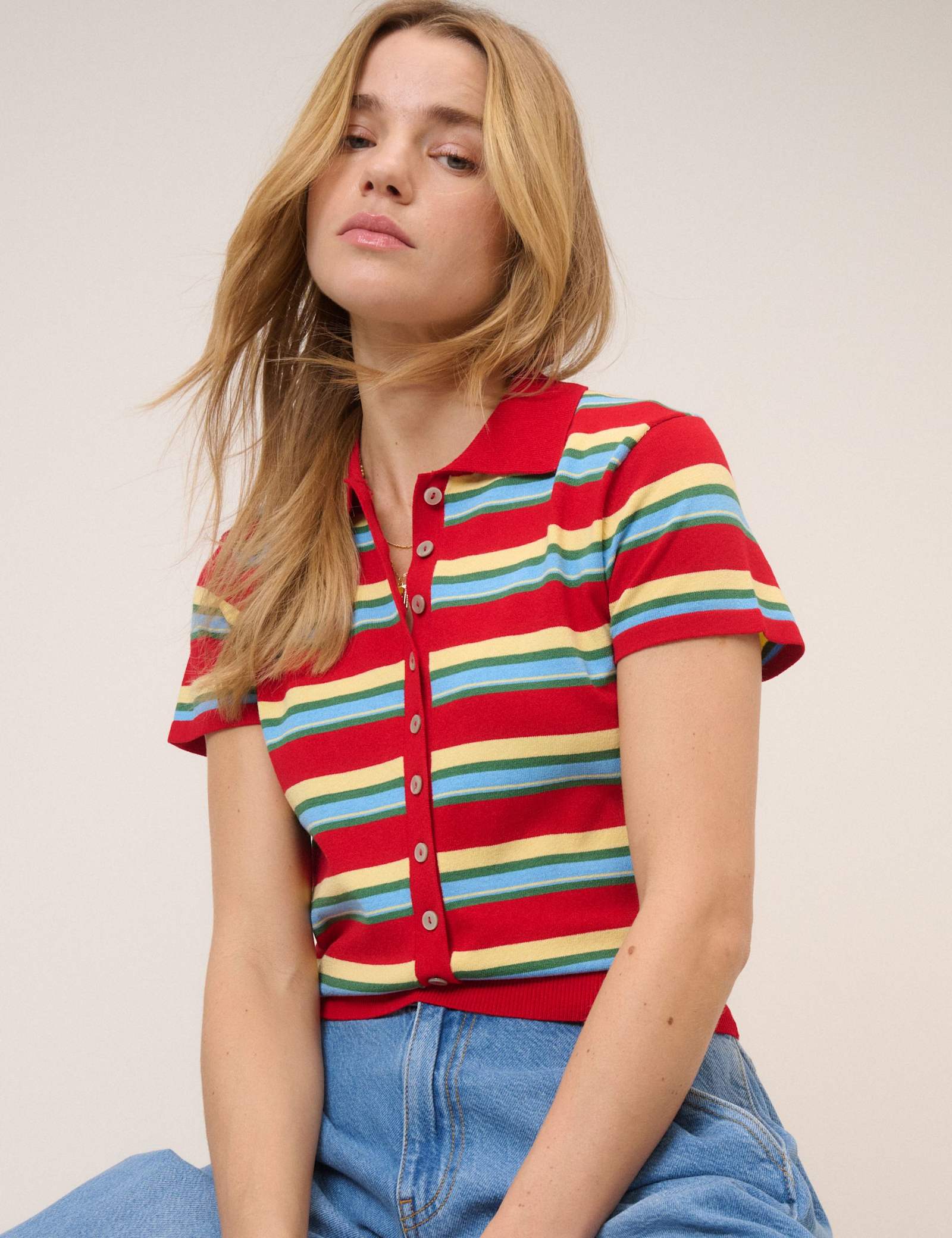 Striped Collared Button Through Knitted Top - image 2
