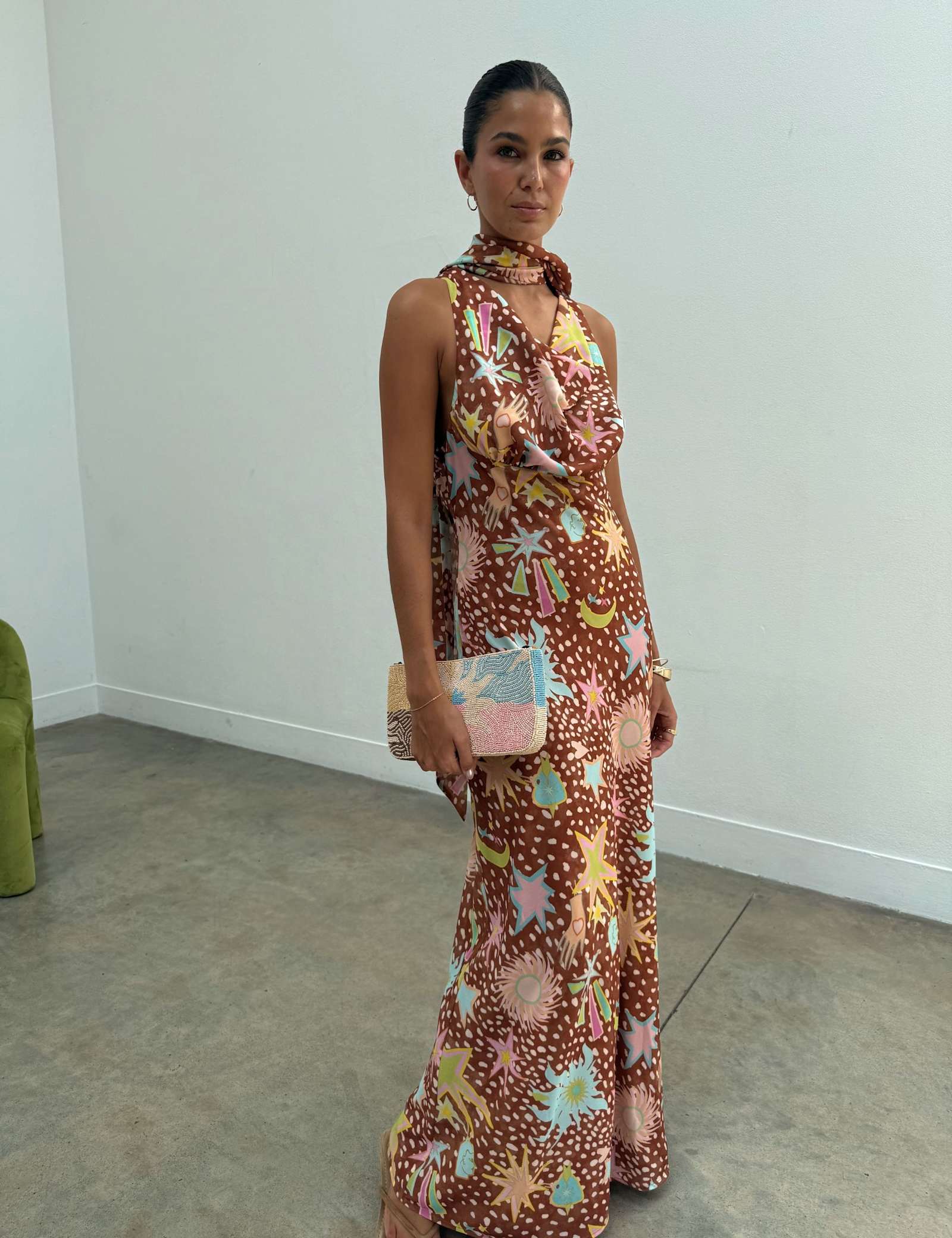 Star Print Cowl Neck Maxi Column Dress - image 1