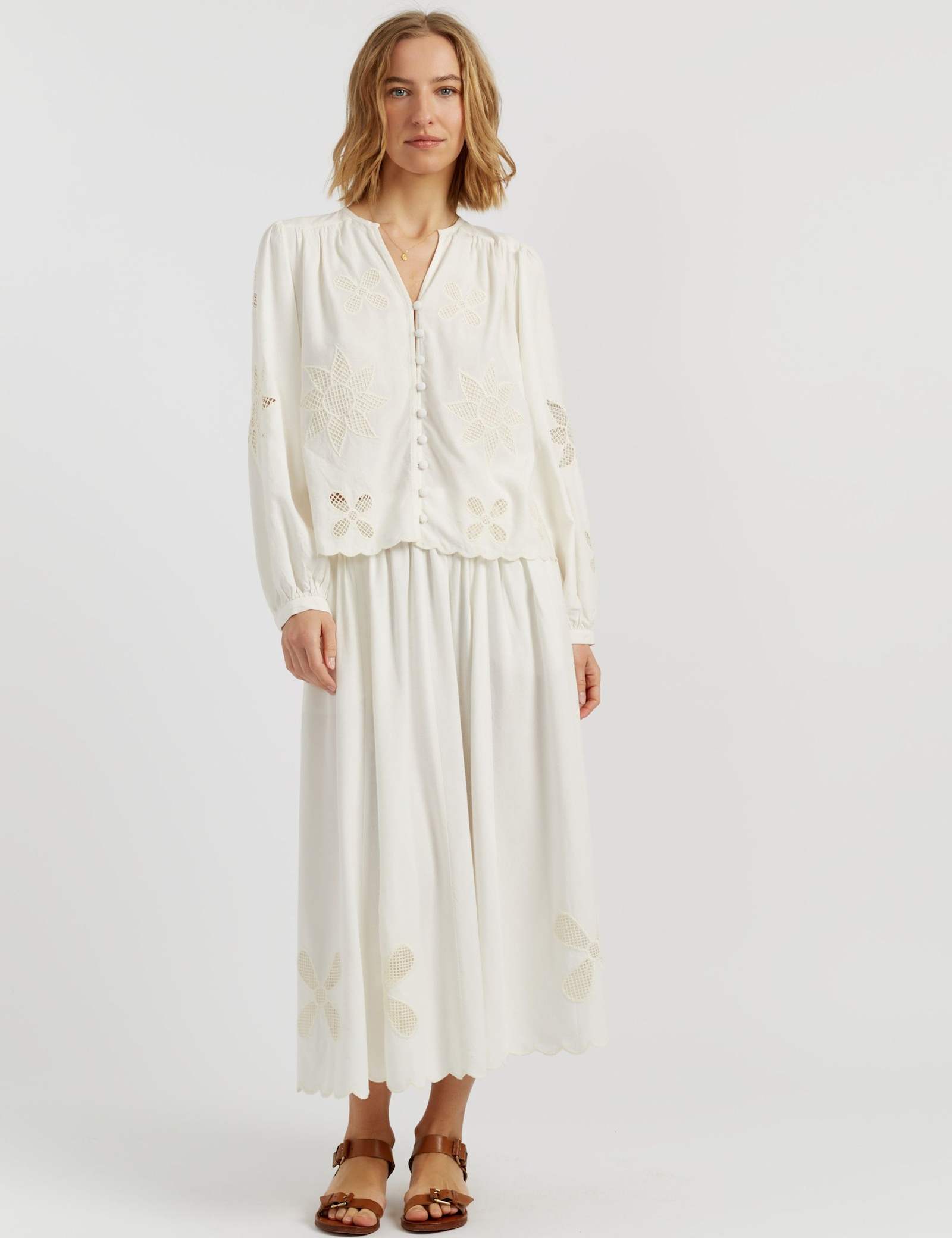 Broderie Midi A-Line Skirt with Linen