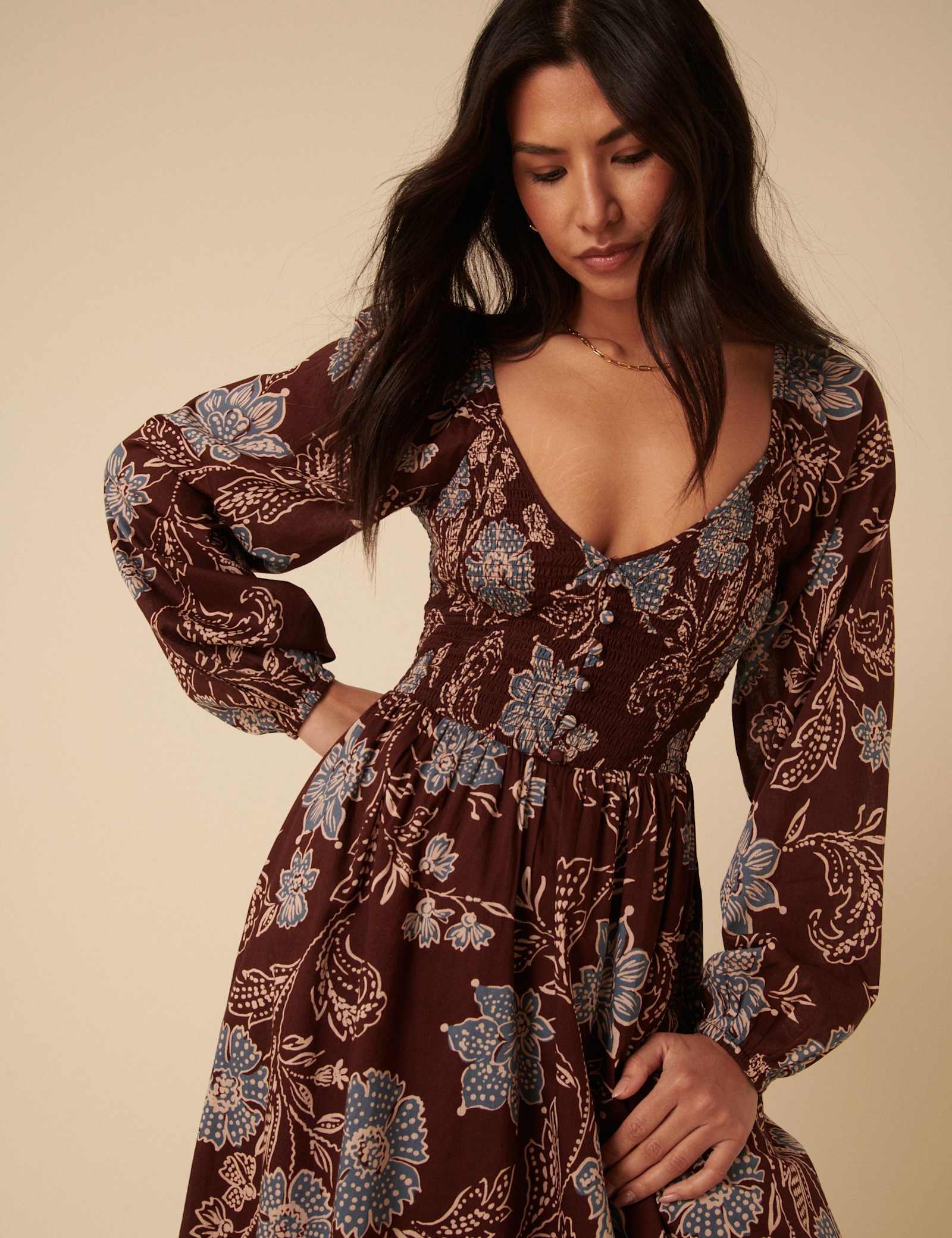 Pure Cotton Floral V-Neck Midi Waisted Dress - image 5