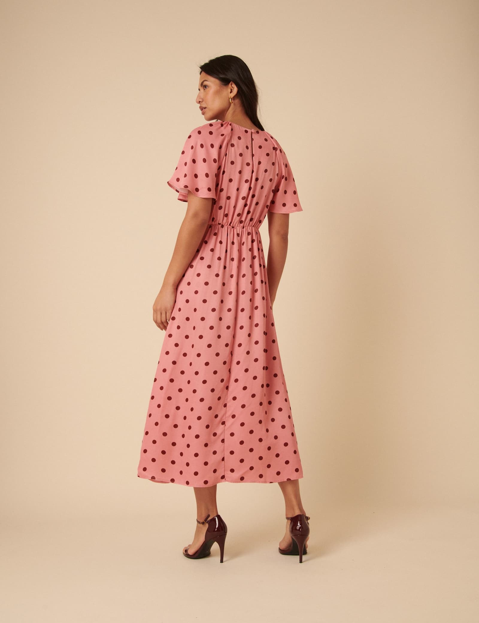 Polka Dot Angel Sleeve Midi Tea Dress - image 4