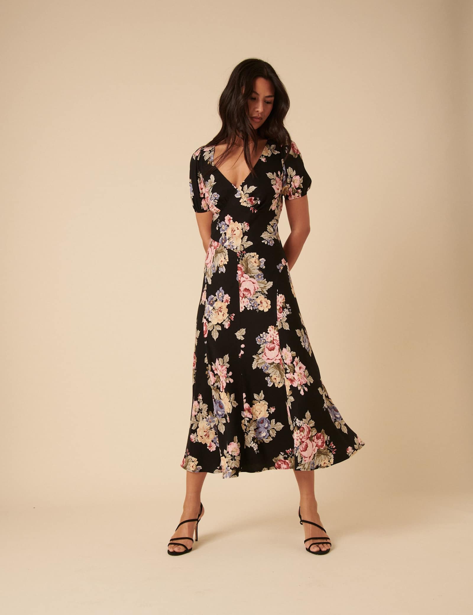 Floral V-Neck Midi Tea Dress - image 1