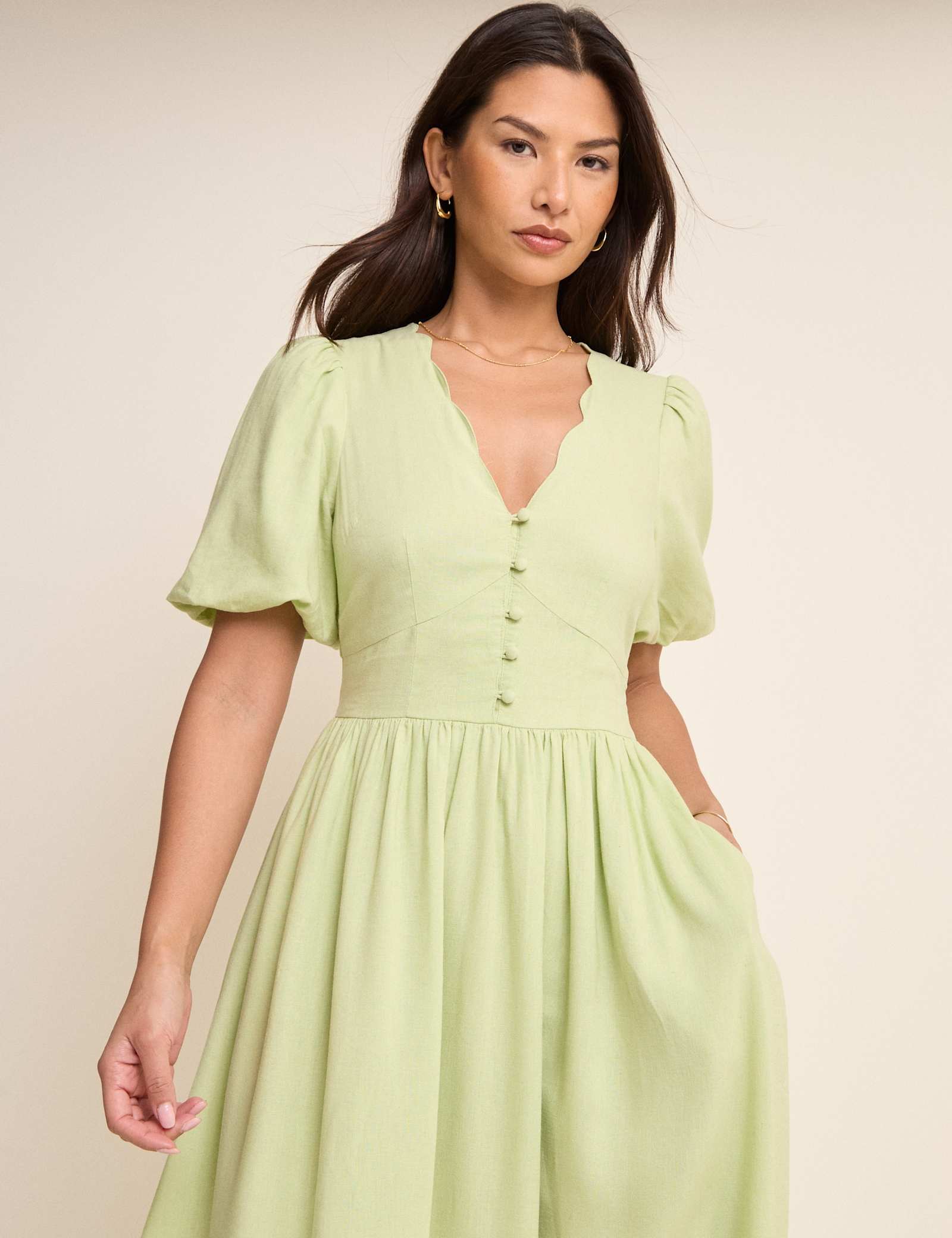 Lyocell Rich V-Neck Midi Dress With Linen - image 3