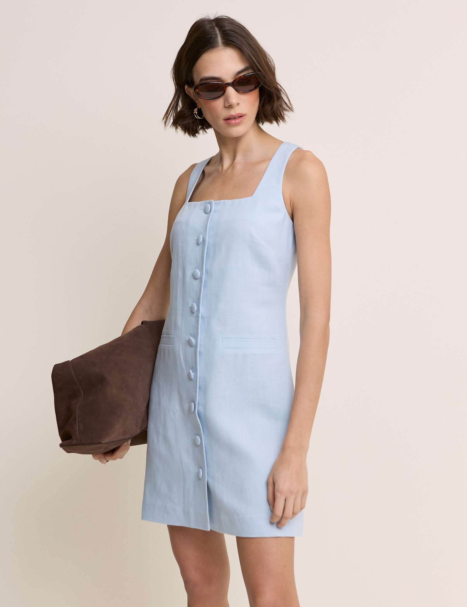 Square Neck Mini Tailored Dress with Linen - image 1