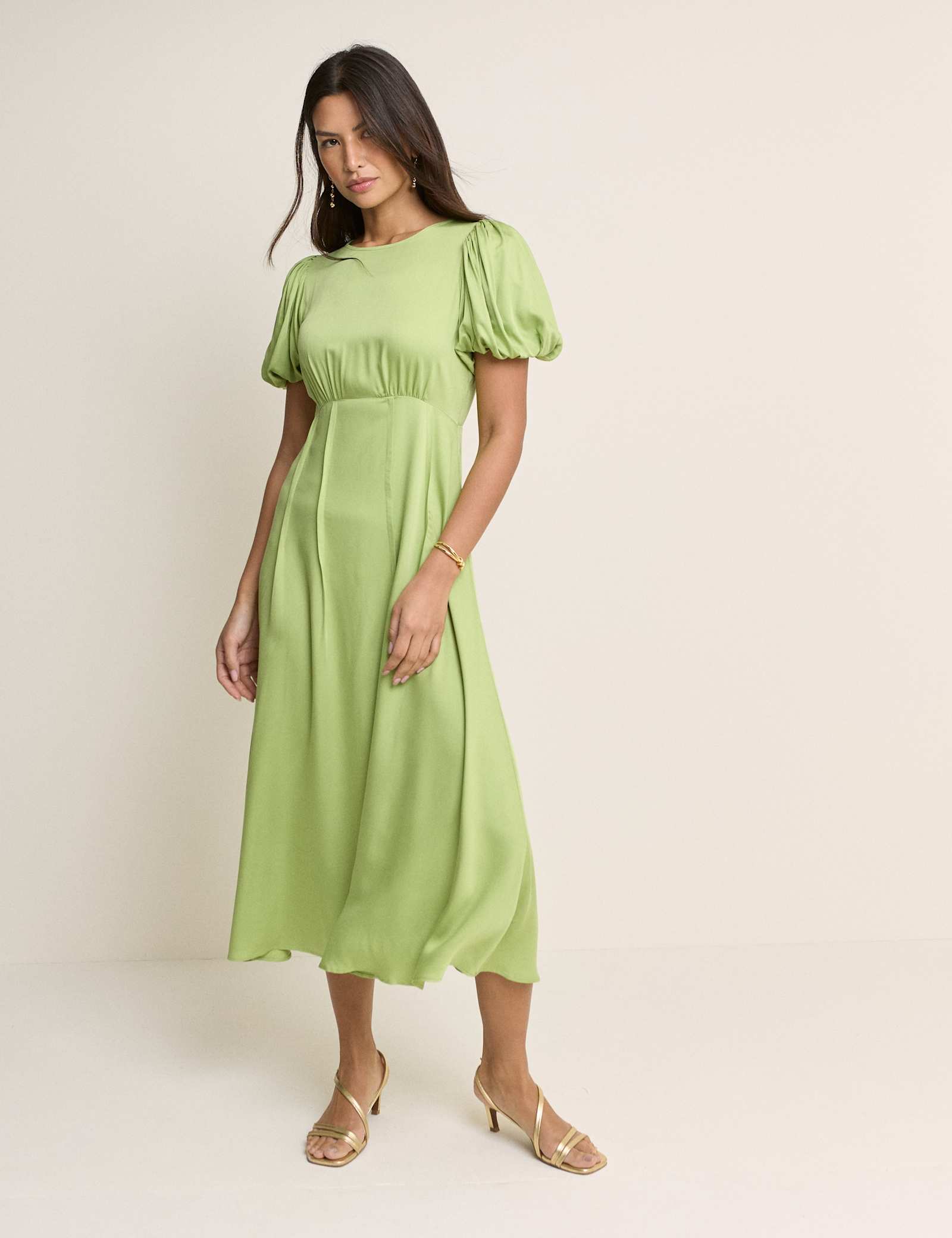 Round Neck Puff Sleeve Midi Waisted Dress - image 1