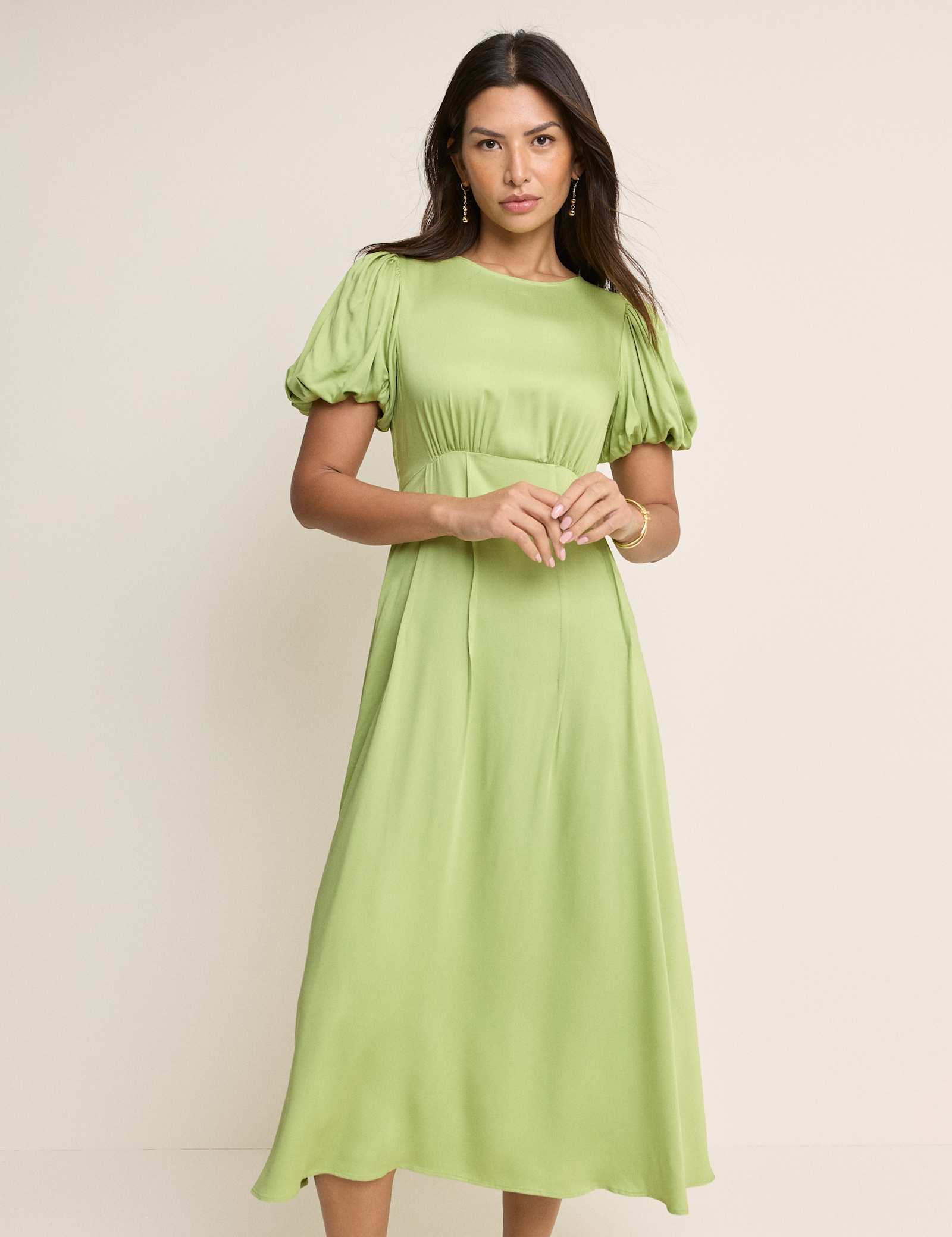 Round Neck Puff Sleeve Midi Waisted Dress - image 5