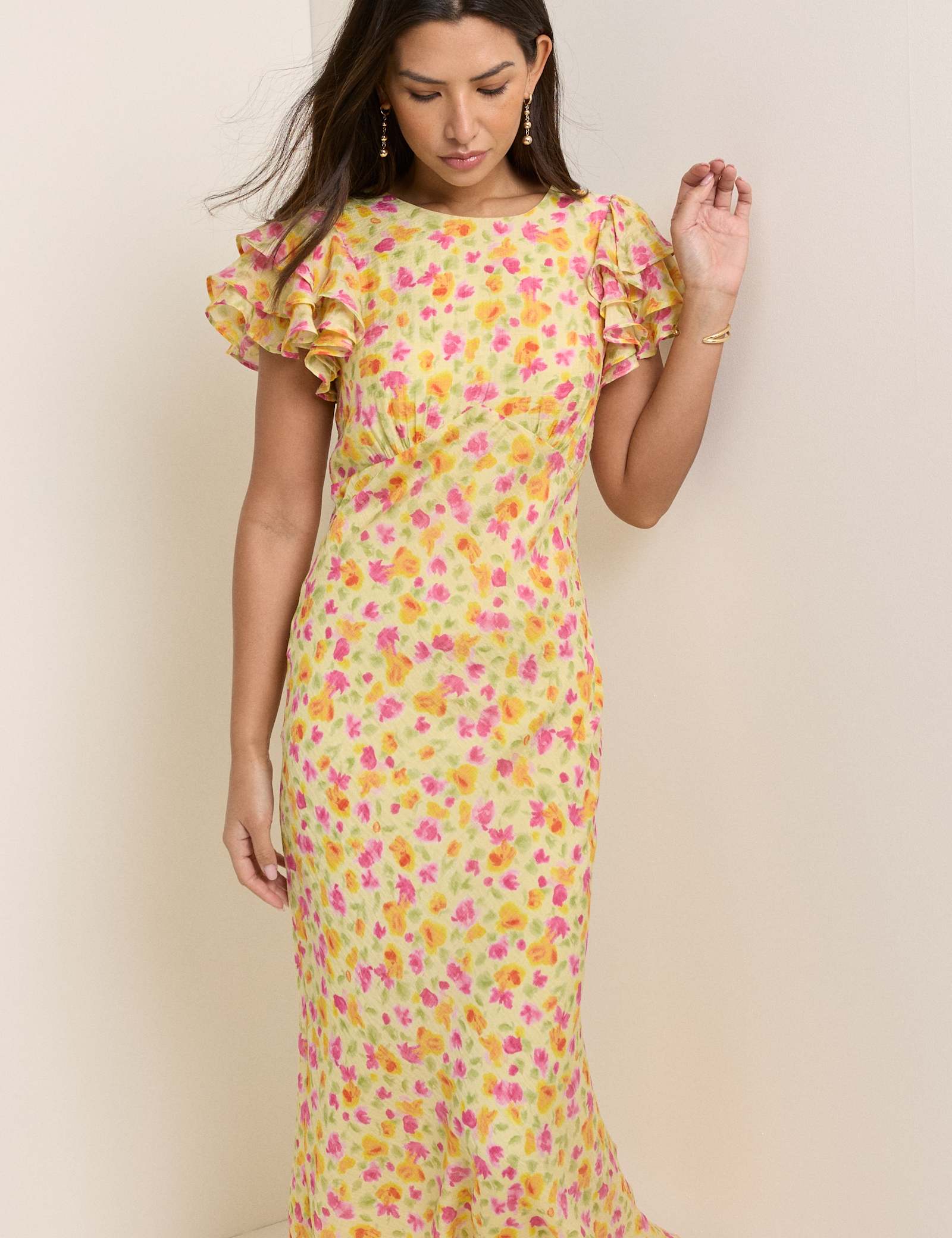 Floral Frill Sleeve Midaxi Waisted Dress - image 3