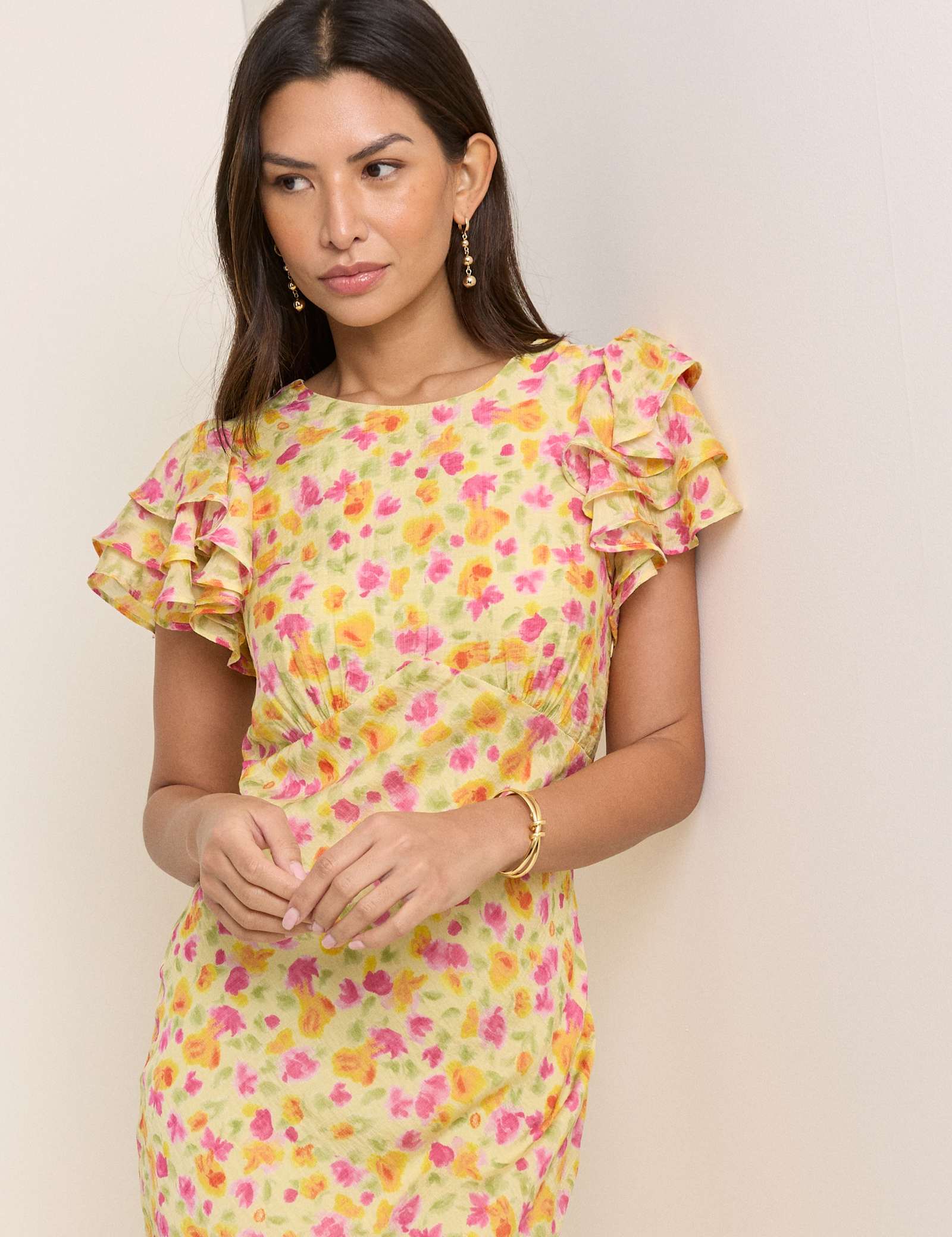 Floral Frill Sleeve Midaxi Waisted Dress - image 2