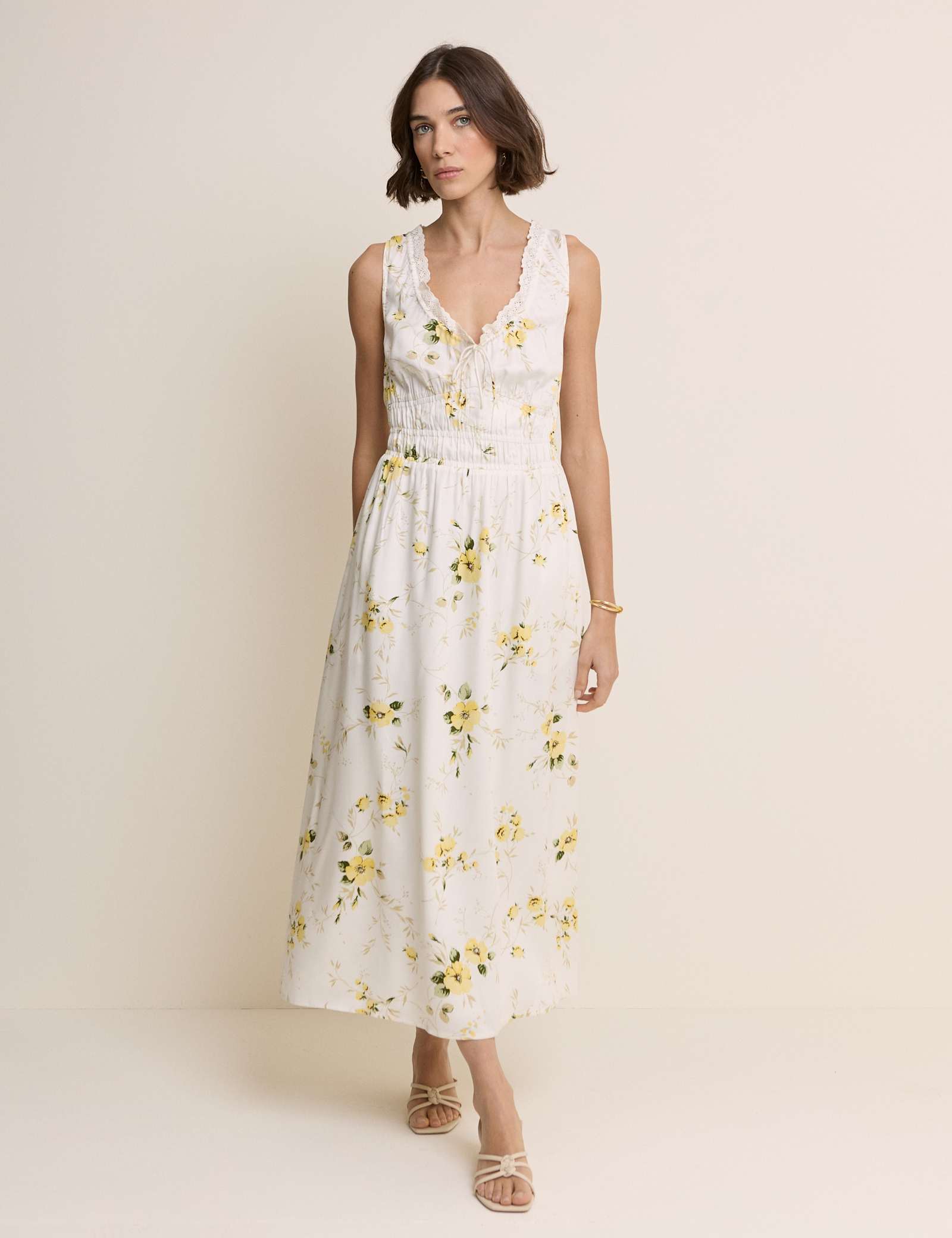Floral V-Neck Lace Trim Midi Waisted Dress - image 1
