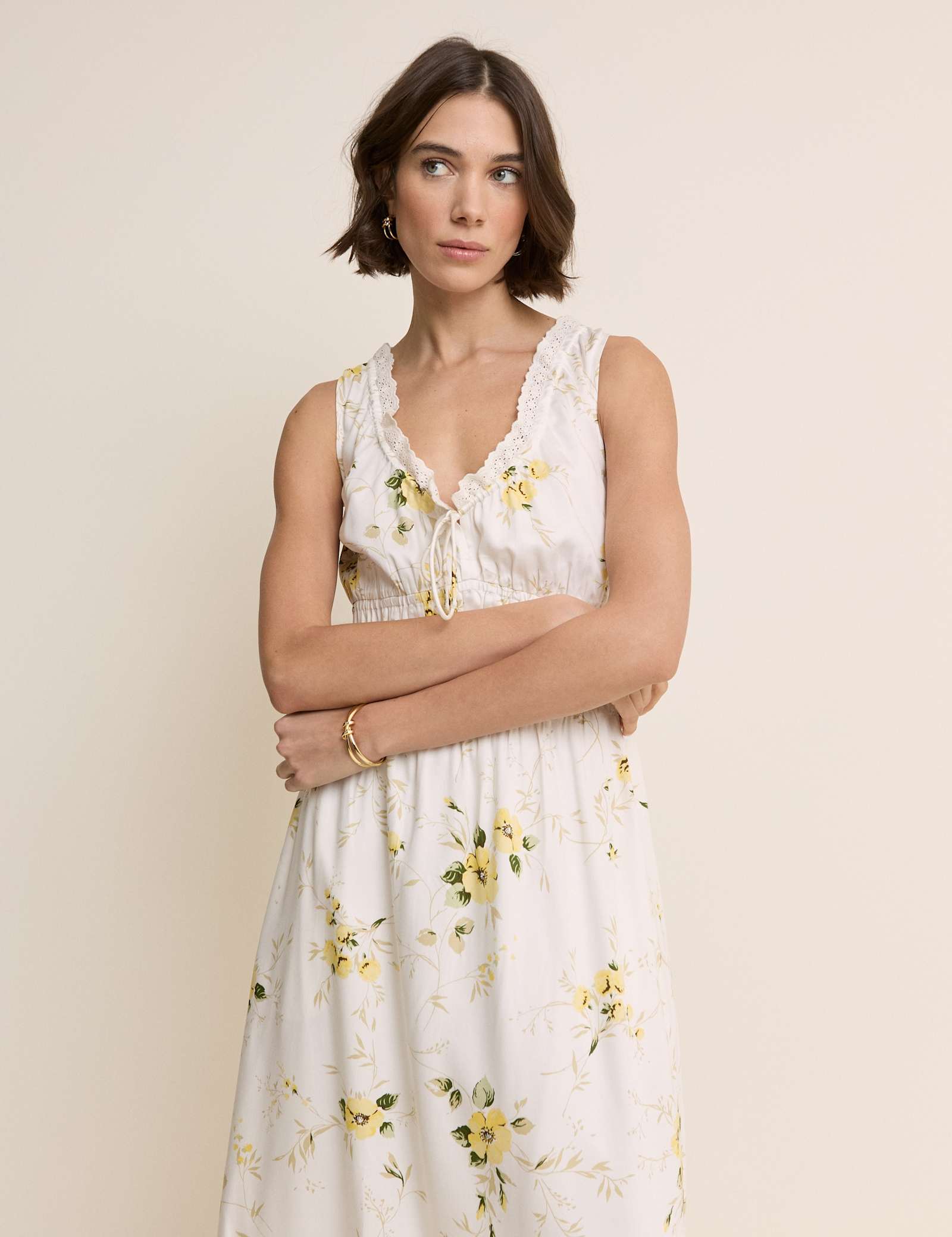 Floral V-Neck Lace Trim Midi Waisted Dress - image 4