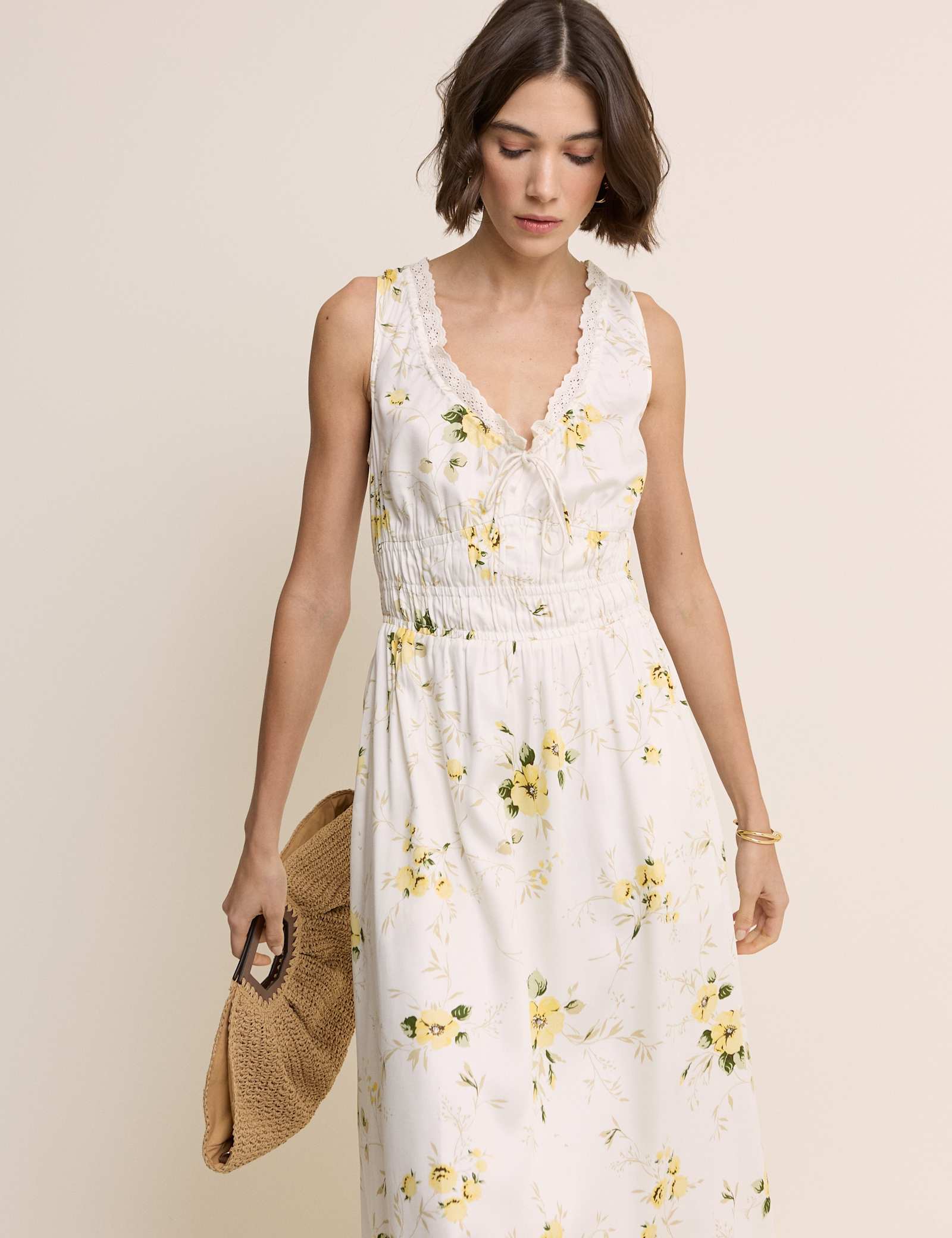 Floral V-Neck Lace Trim Midi Waisted Dress - image 3