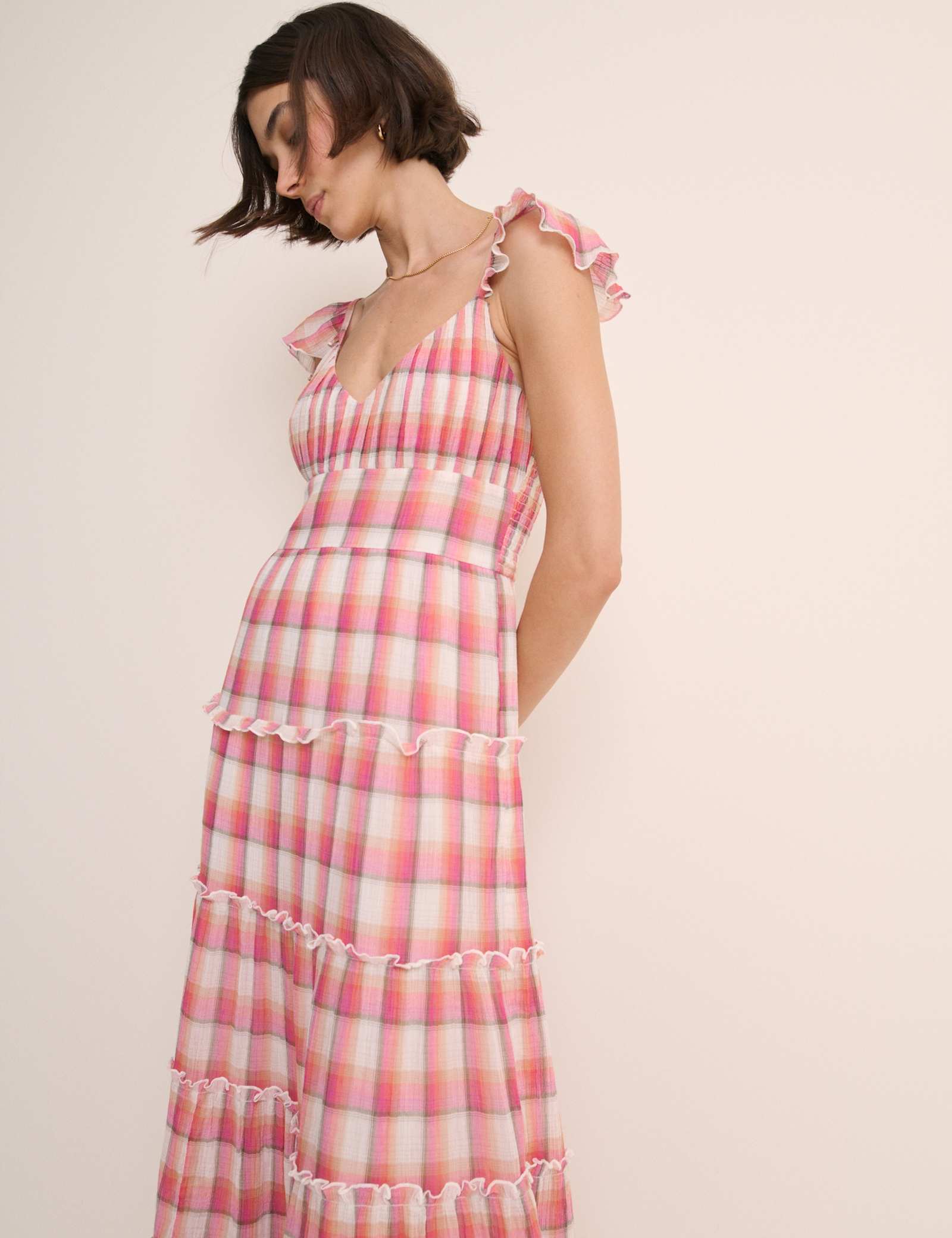 Pure Cotton Checked V-Neck Maxi Dress QT - image 3