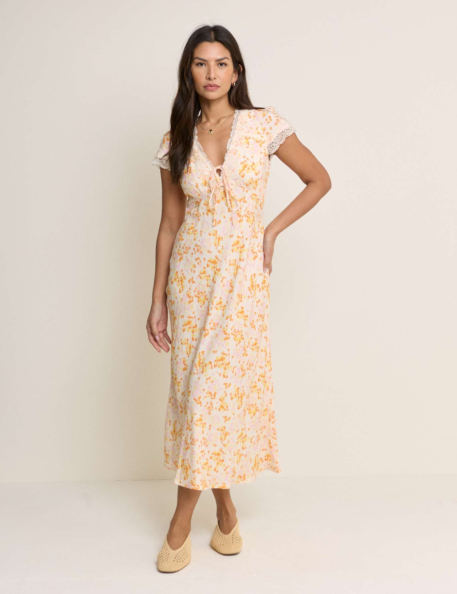 Floral V-Neck Tie Detail Midi Tea Dress - image 1