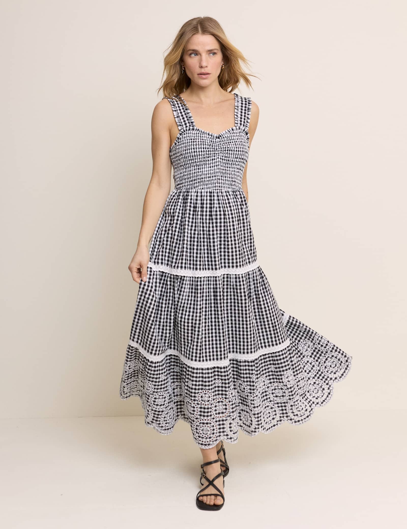Pure Cotton Gingham Midi Tiered Dress - image 3