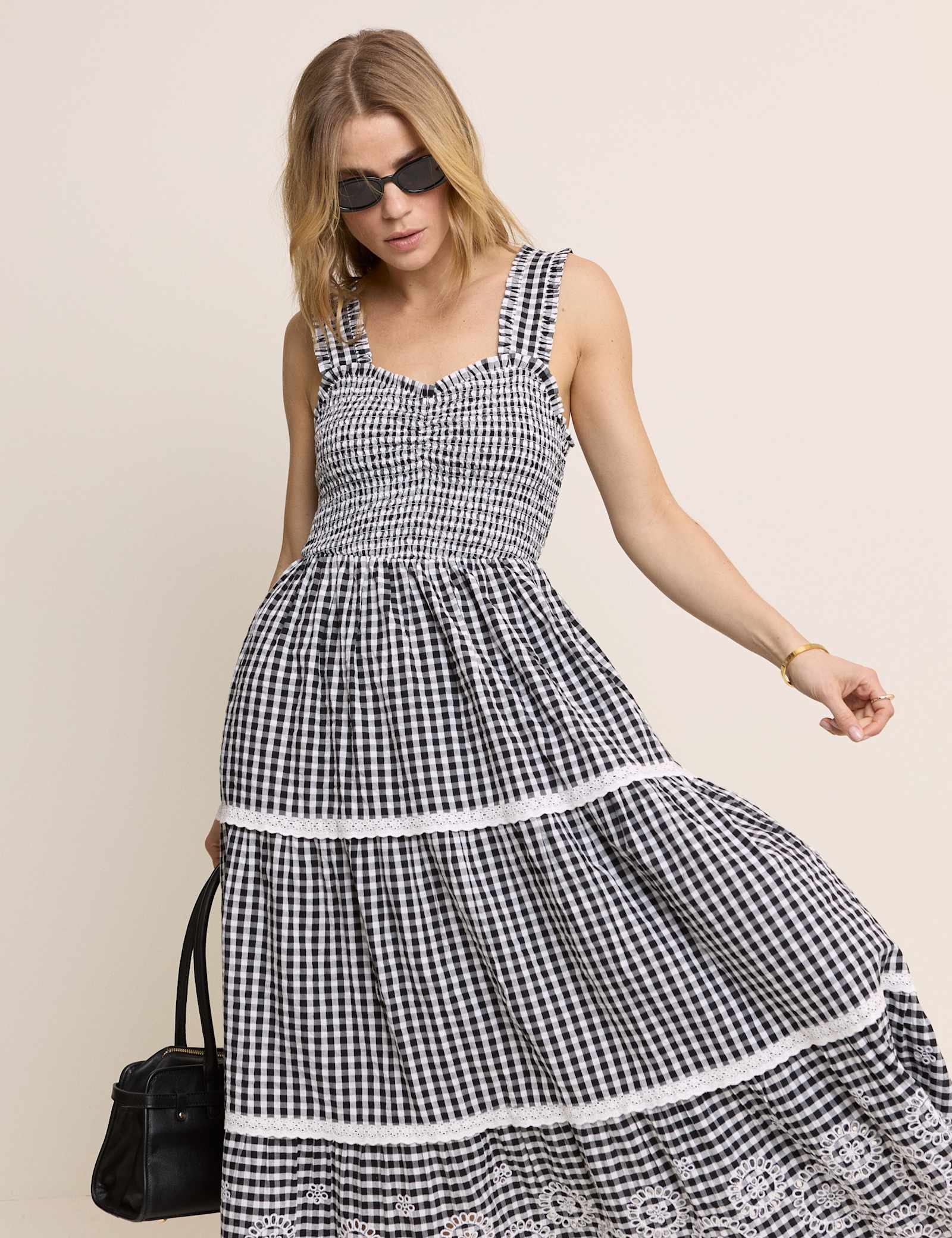 Pure Cotton Gingham Midi Tiered Dress - image 2