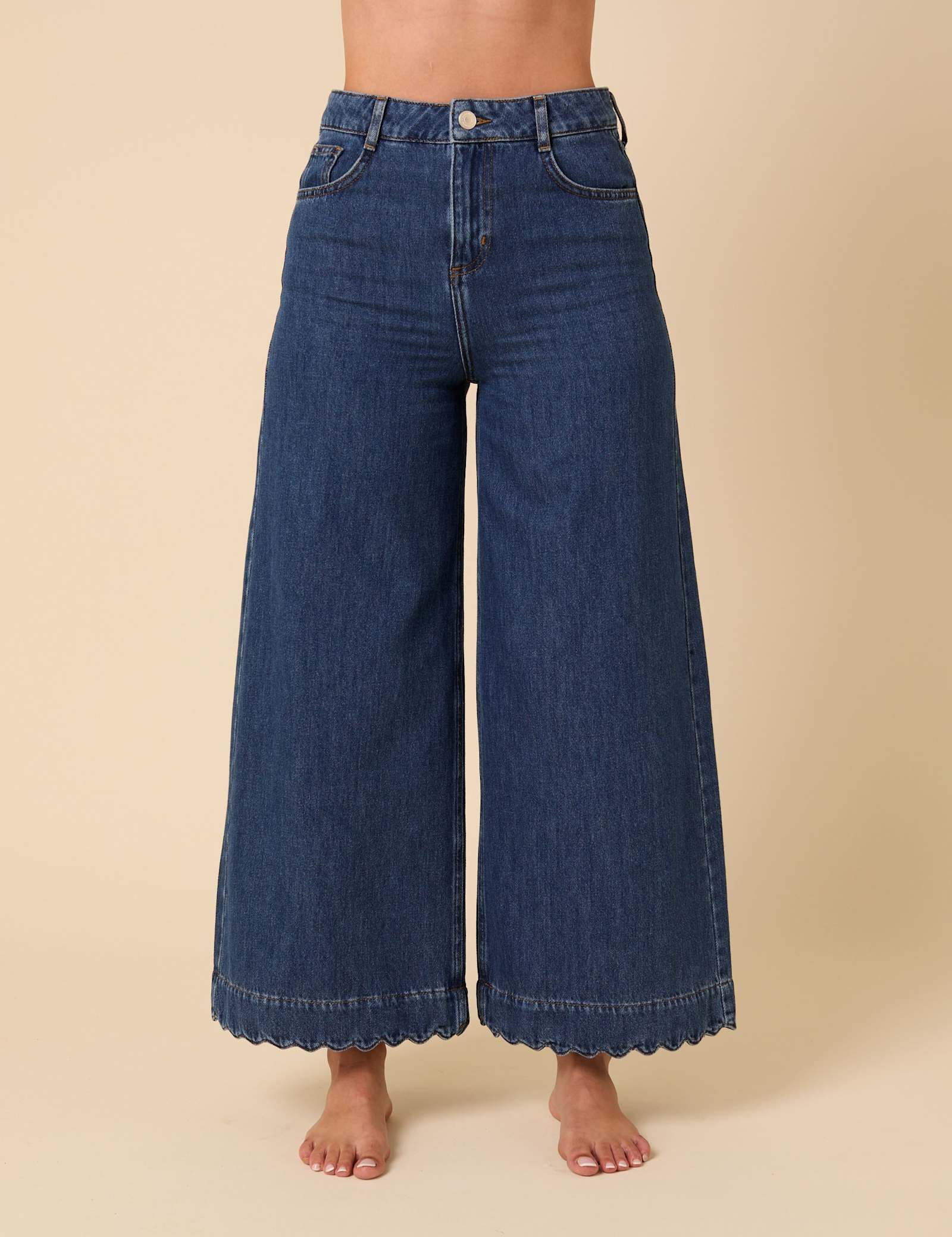Denim Scalloped Cropped Palazzo Jeans - image 5
