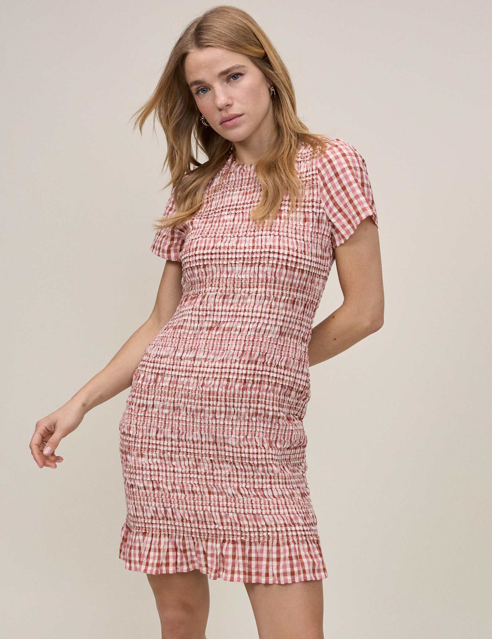 Pure Cotton Checked Mini Shirred Dress - image 5